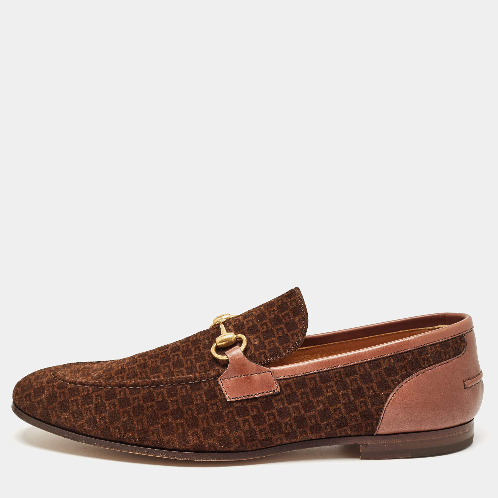 Gucci Brown Mini G Cube Suede Jordaan Loafers Size 44.5