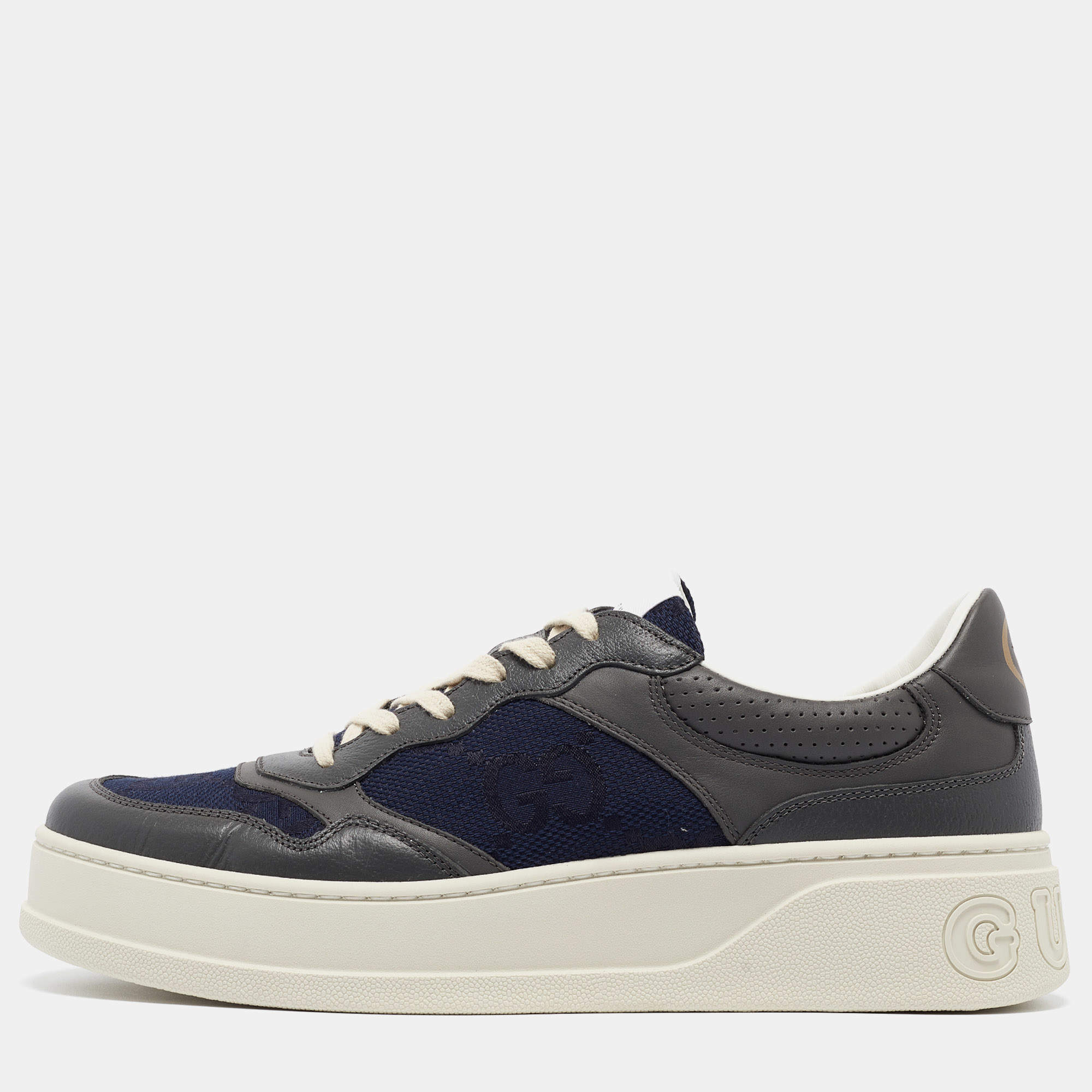 Pre Owned Gucci Blue/Grey Jumbo GG Canvas and Leather Low Top Sneakers Size 44.5