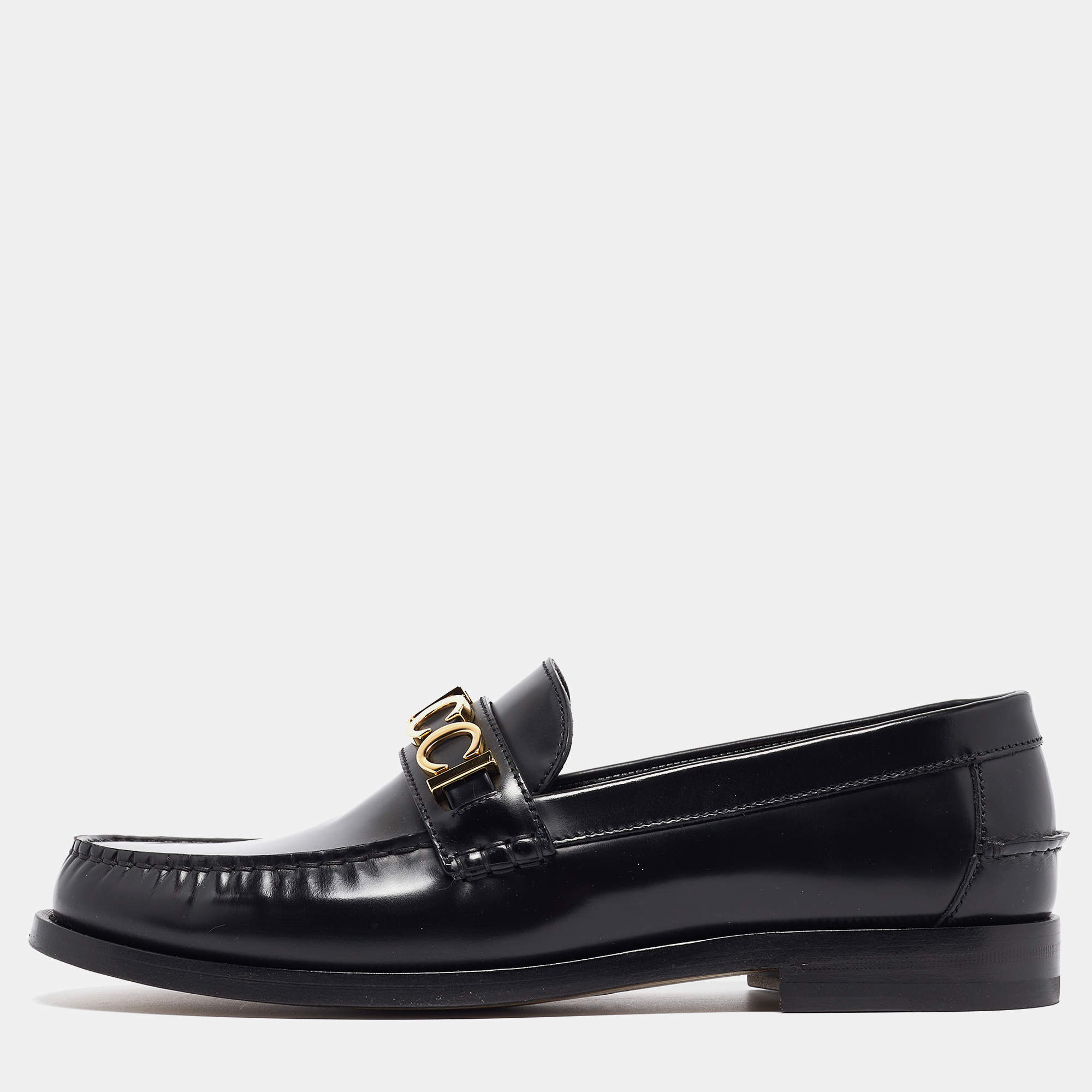 Gucci Black Leather Logo Embellished Cara Loafers Size 43.5