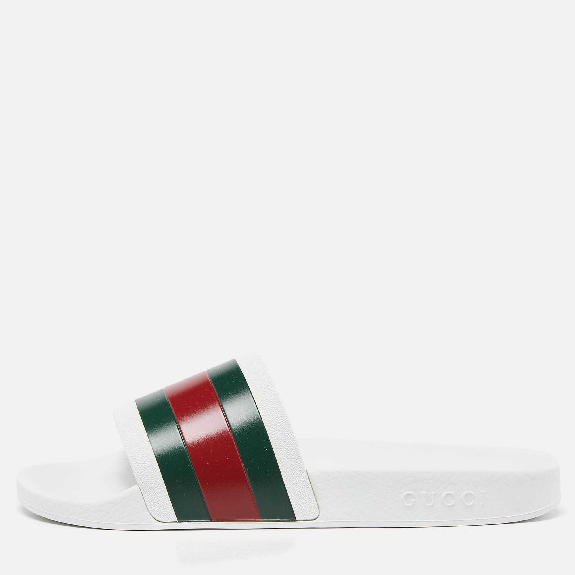 Pre Owned Gucci White Rubber Web Detail Flat Slides Size 44