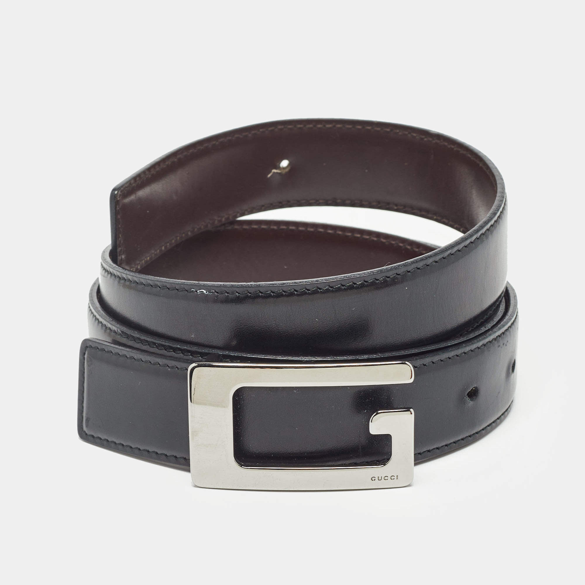 Pre Owned Gucci Black/Brown Leather G Square Buckle Reversible Belt 85 CM