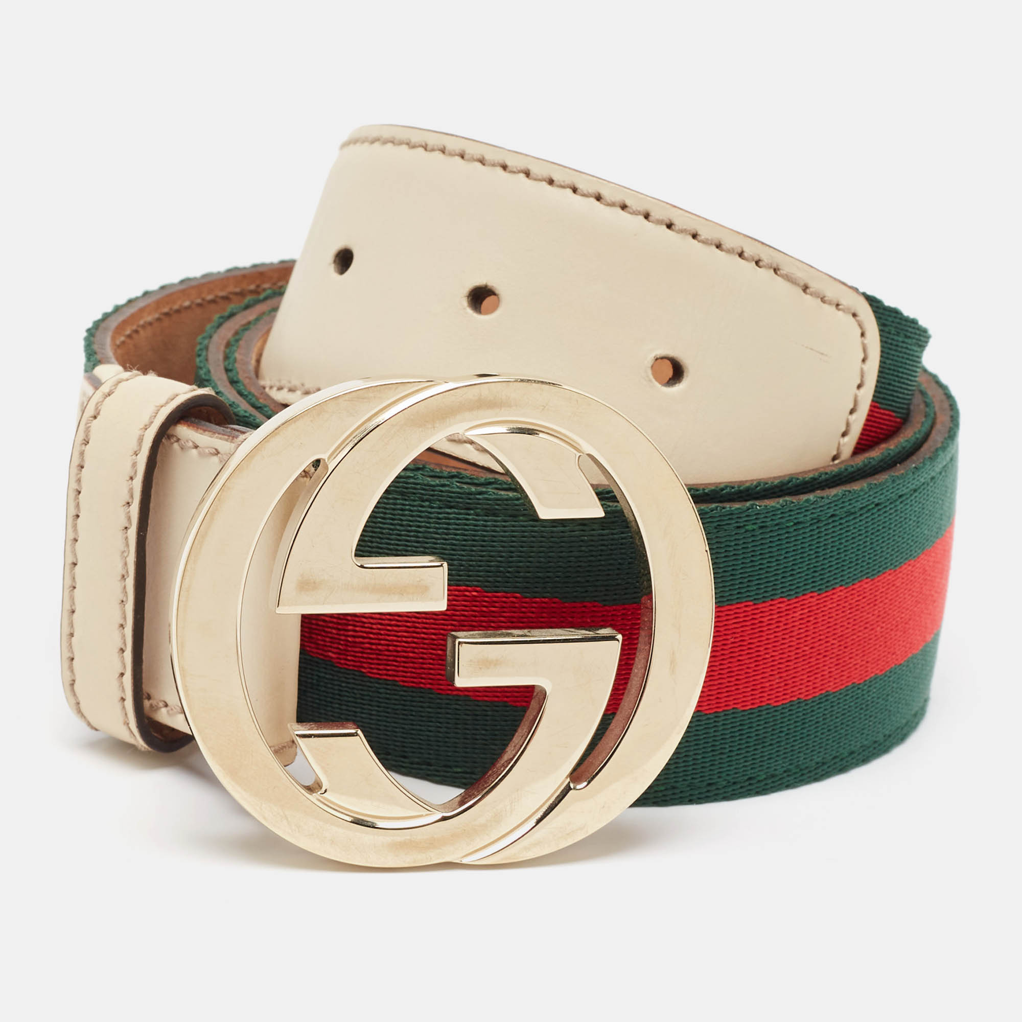 Pre Owned Gucci White Web Canvas and Leather Interlocking G Buckle Belt 95CM