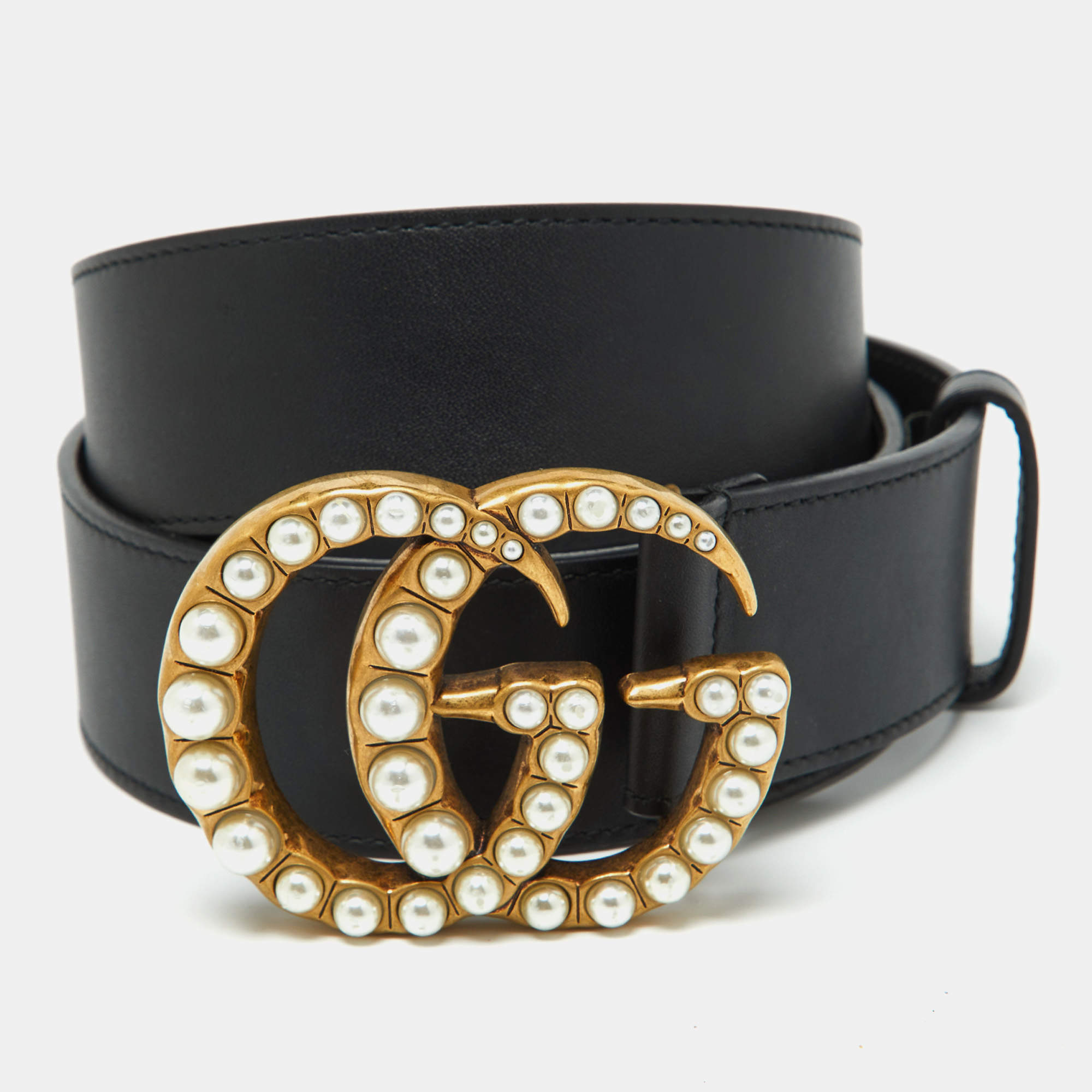 Pre Owned Gucci Black Leather GG Marmont Pearl Embellished Buckle Belt 95CM