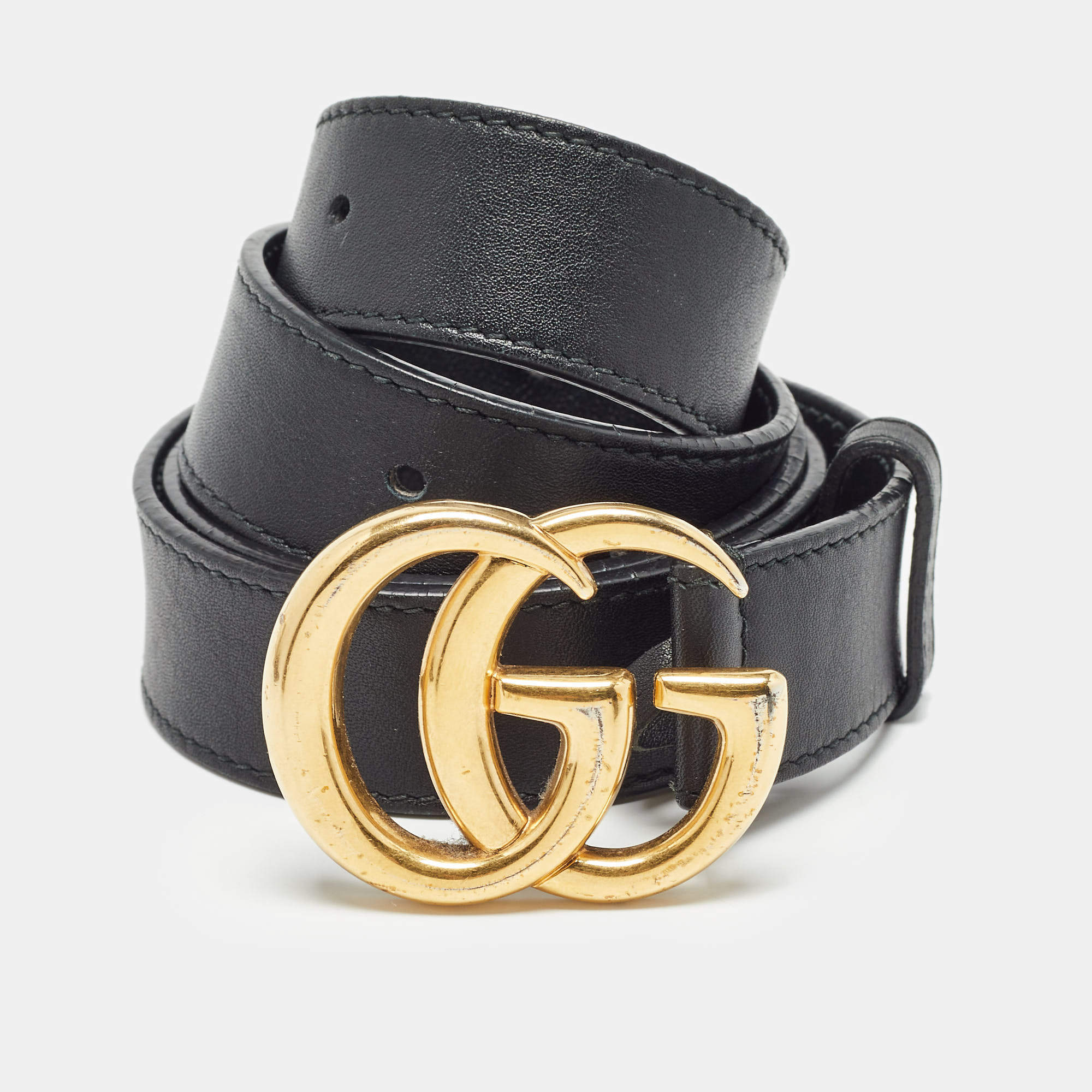 Pre Owned Gucci Black Leather GG Marmont Buckle Belt 90 CM