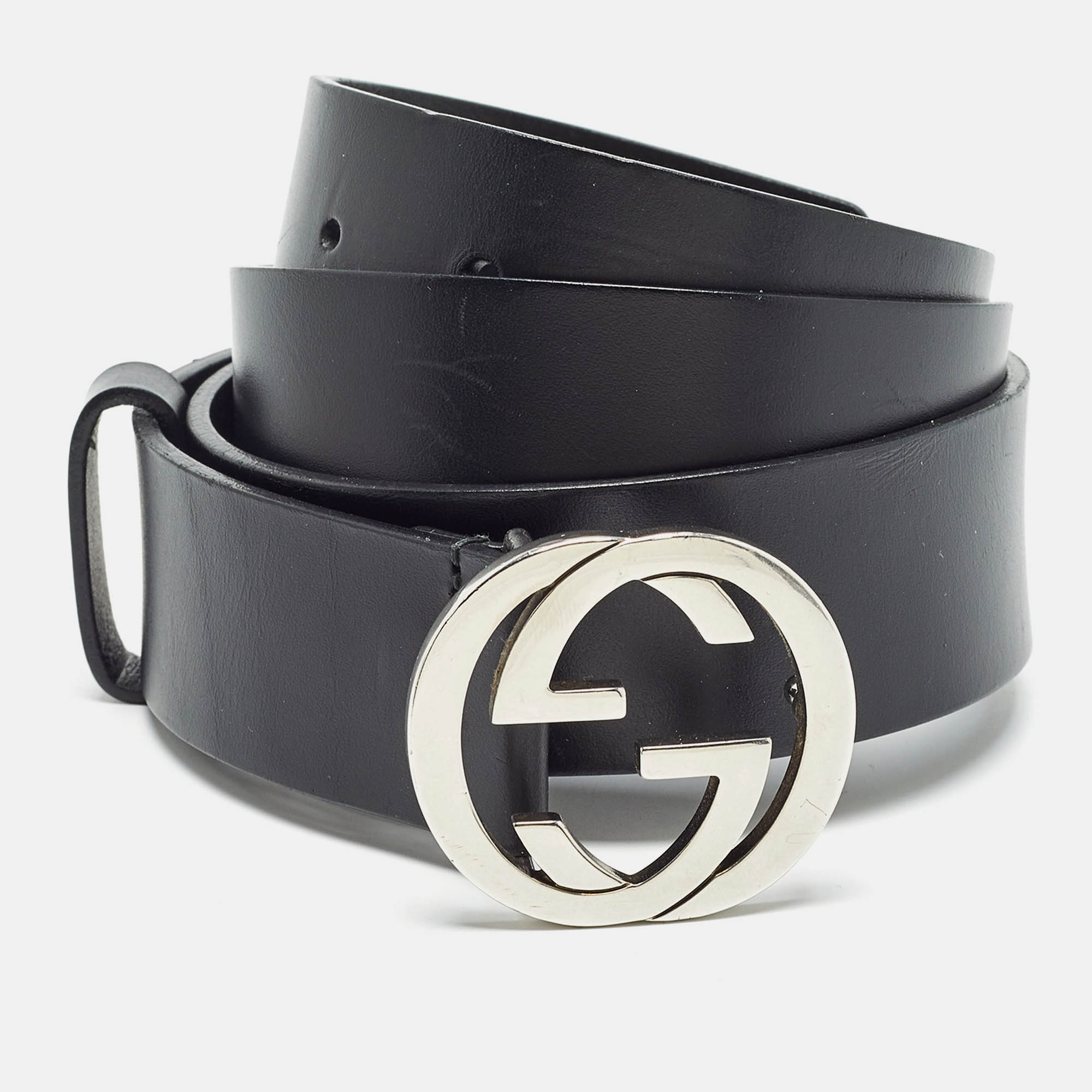 Pre Owned Gucci Black Leather Interlocking G Buckle Belt 100CM