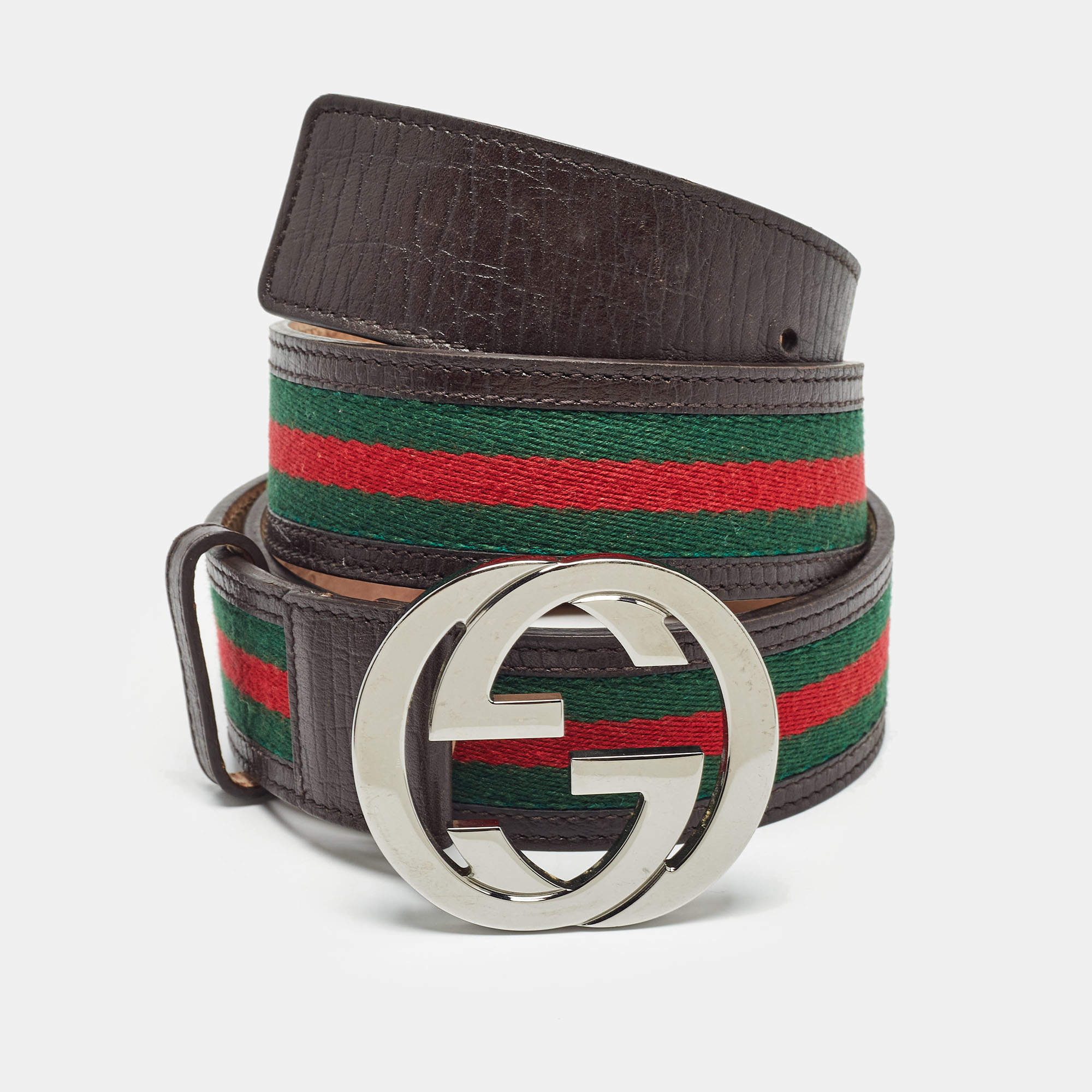 Pre Owned Gucci Brown Web Canvas and Leather Interlocking G Buckle Belt 95CM