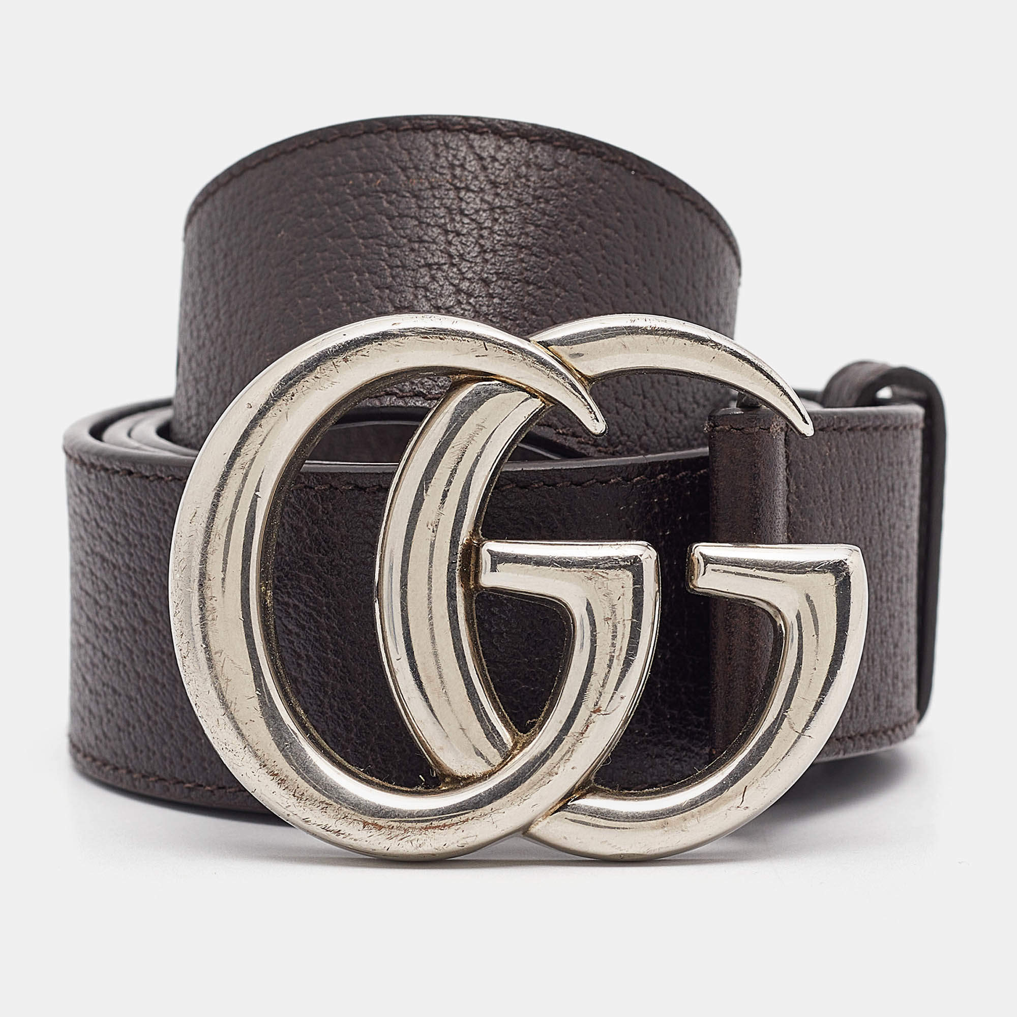 Pre Owned Gucci Brown Leather Double G Buckle Belt 100 CM