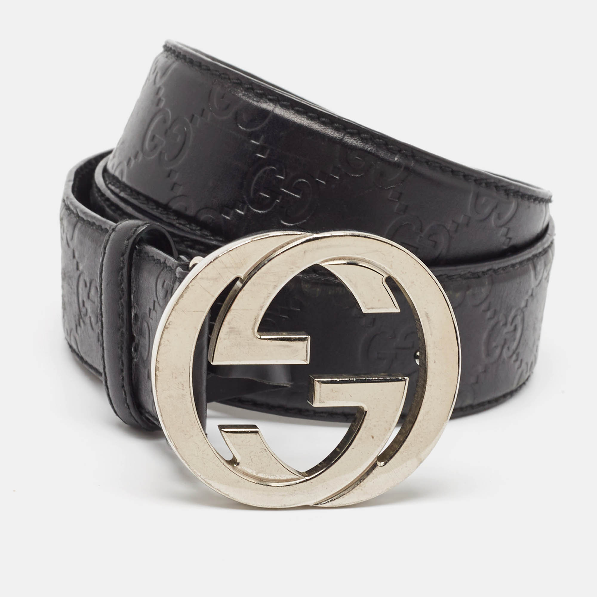 مملوكة مسبقًا Gucci Black Guccissima Leather Interlocking G Buckle Belt 90 CM