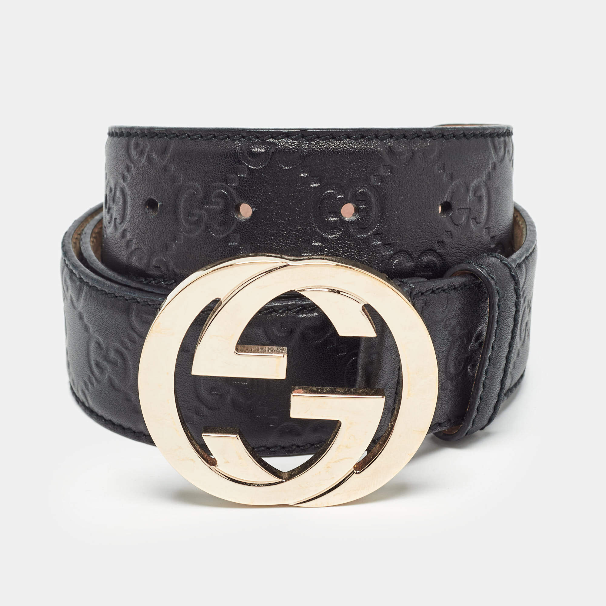 Pre Owned Gucci Black Guccissima Leather Interlocking G Buckle Belt 95 CM