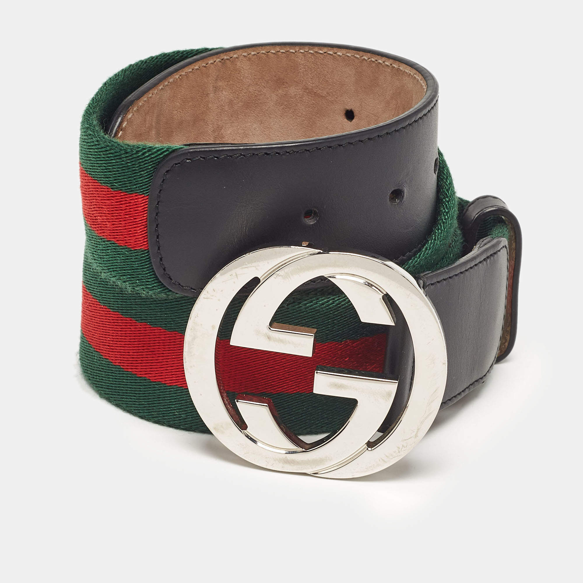 Pre Owned Gucci Black Leather and Web Canvas Interlocking G Buckle Belt 100 CM