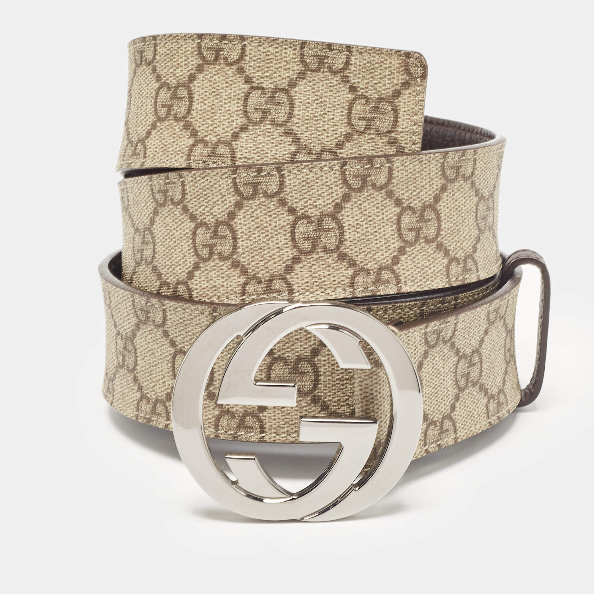 مملوكة مسبقًا Gucci Beige/Brown GG Supreme Canvas Interlocking G Buckle Belt 100 CM