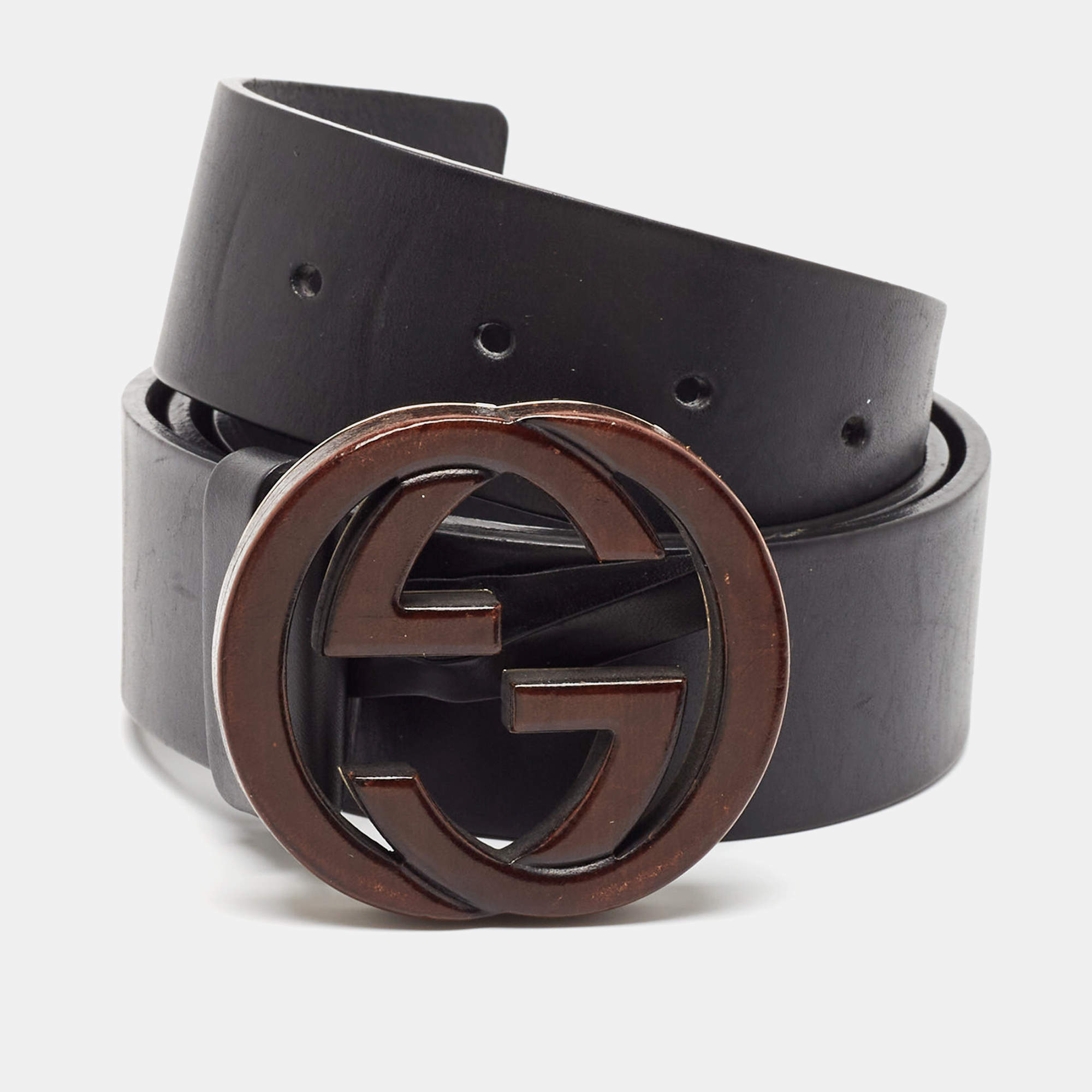 Pre Owned Gucci Black Leather Interlocking G Belt 95CM