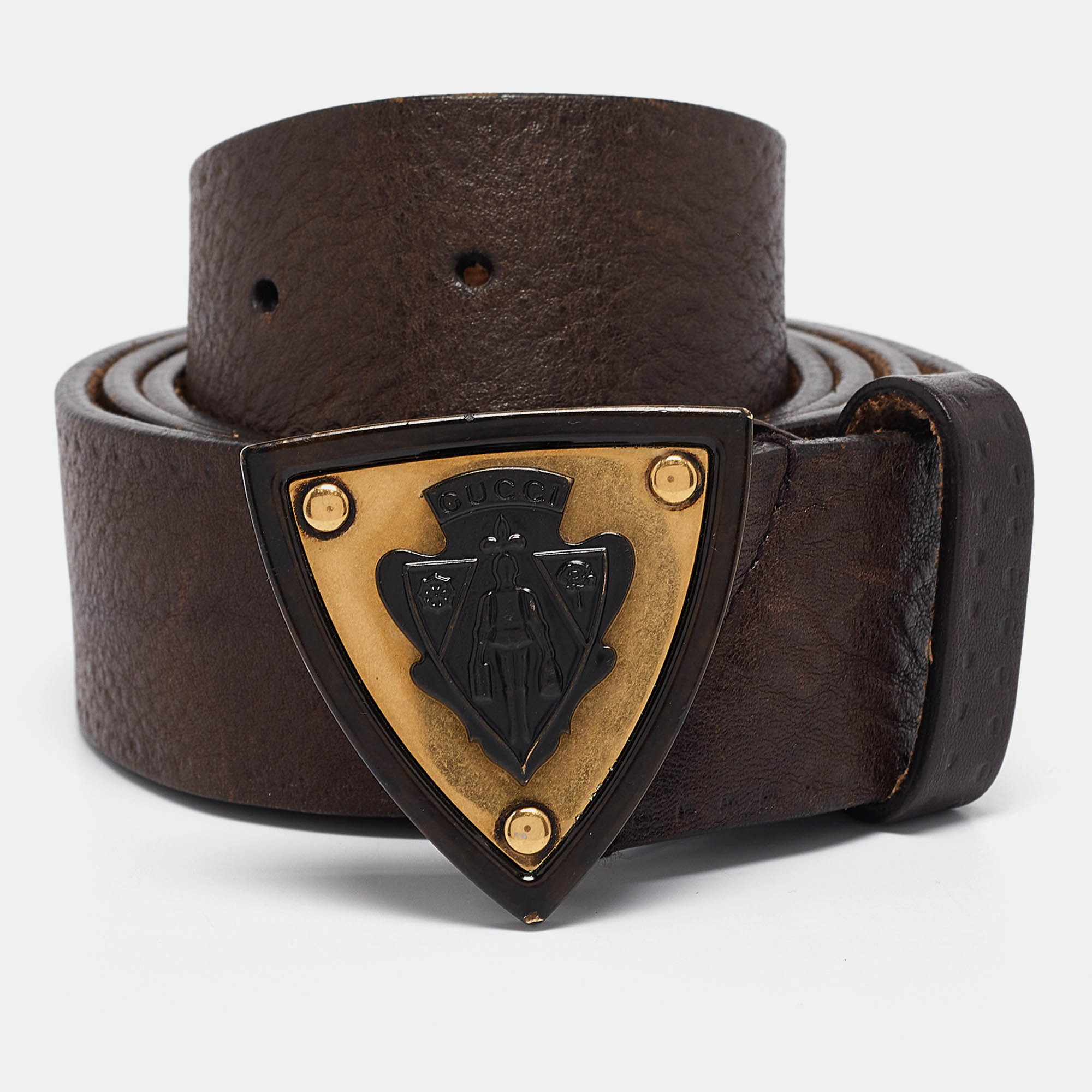Pre Owned Gucci Dark Brown Leather Hysteria Crest Buckle Belt 105 CM