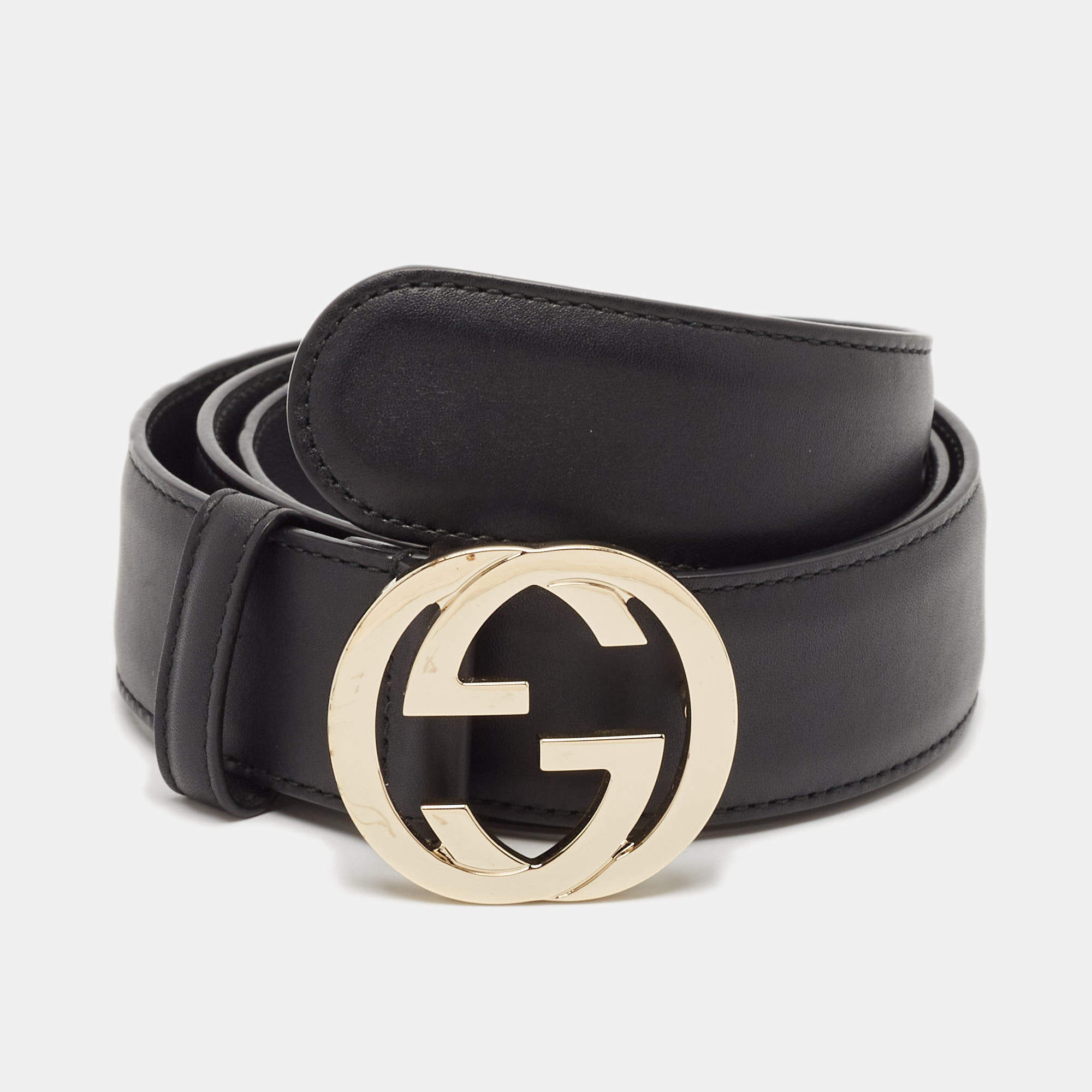 Pre Owned Gucci Black Leather Interlocking G Buckle Belt 90 CM