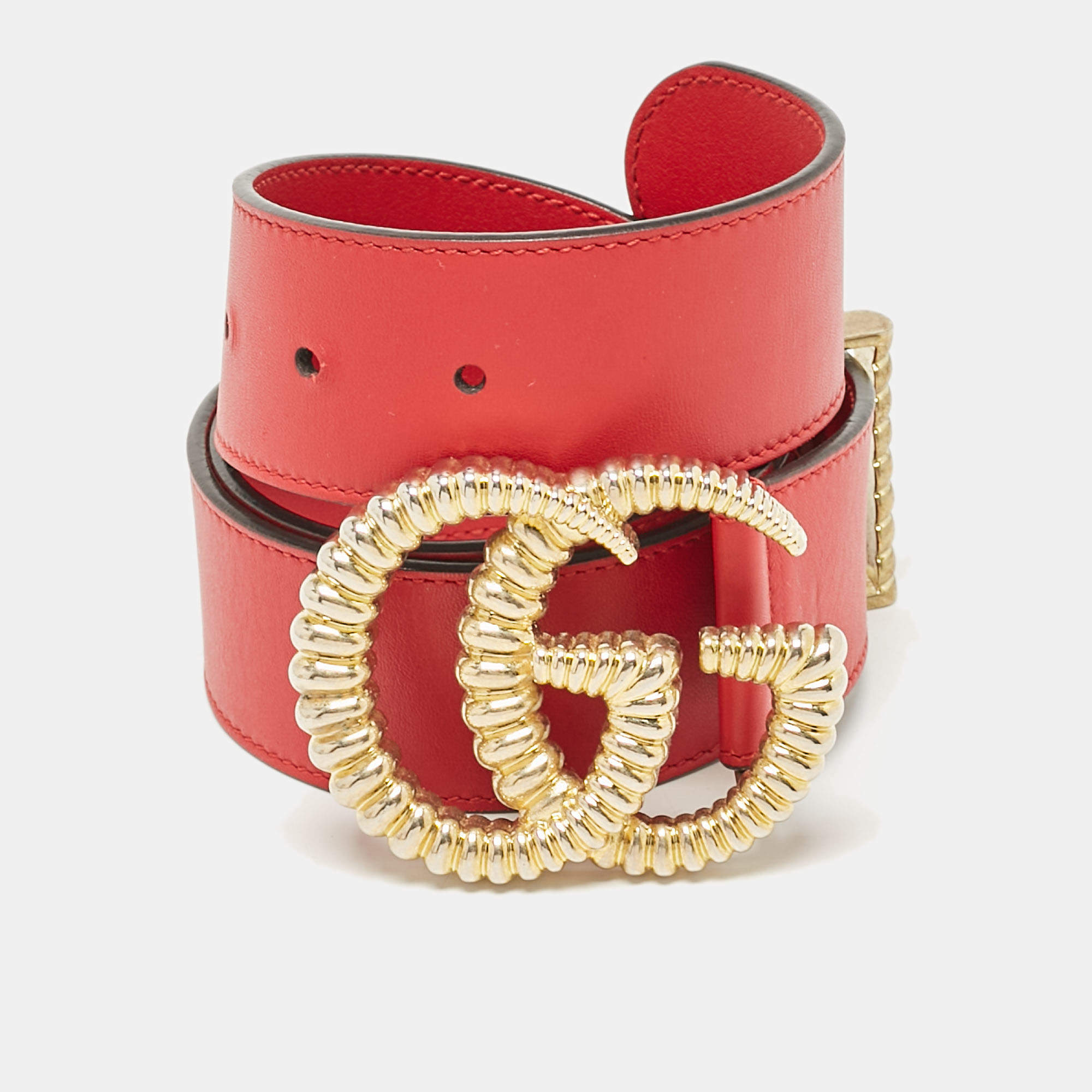 Gucci Red Leather Torchon GG Marmont Buckle Belt 80CM