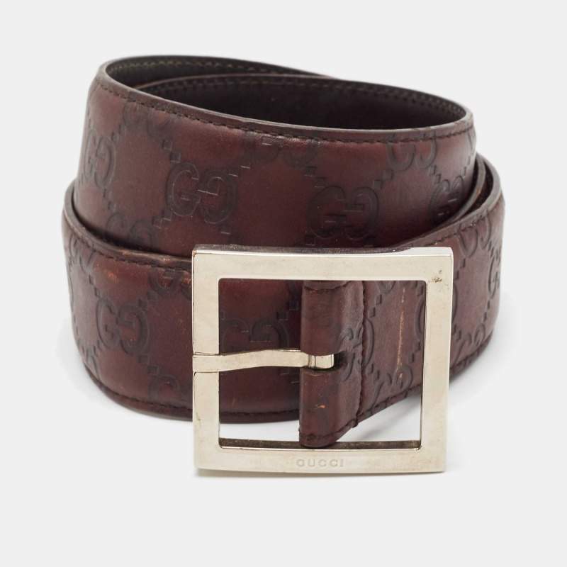 Pre Owned Gucci Burgundy Guccissima Leather Square Buckle Belt 85CM