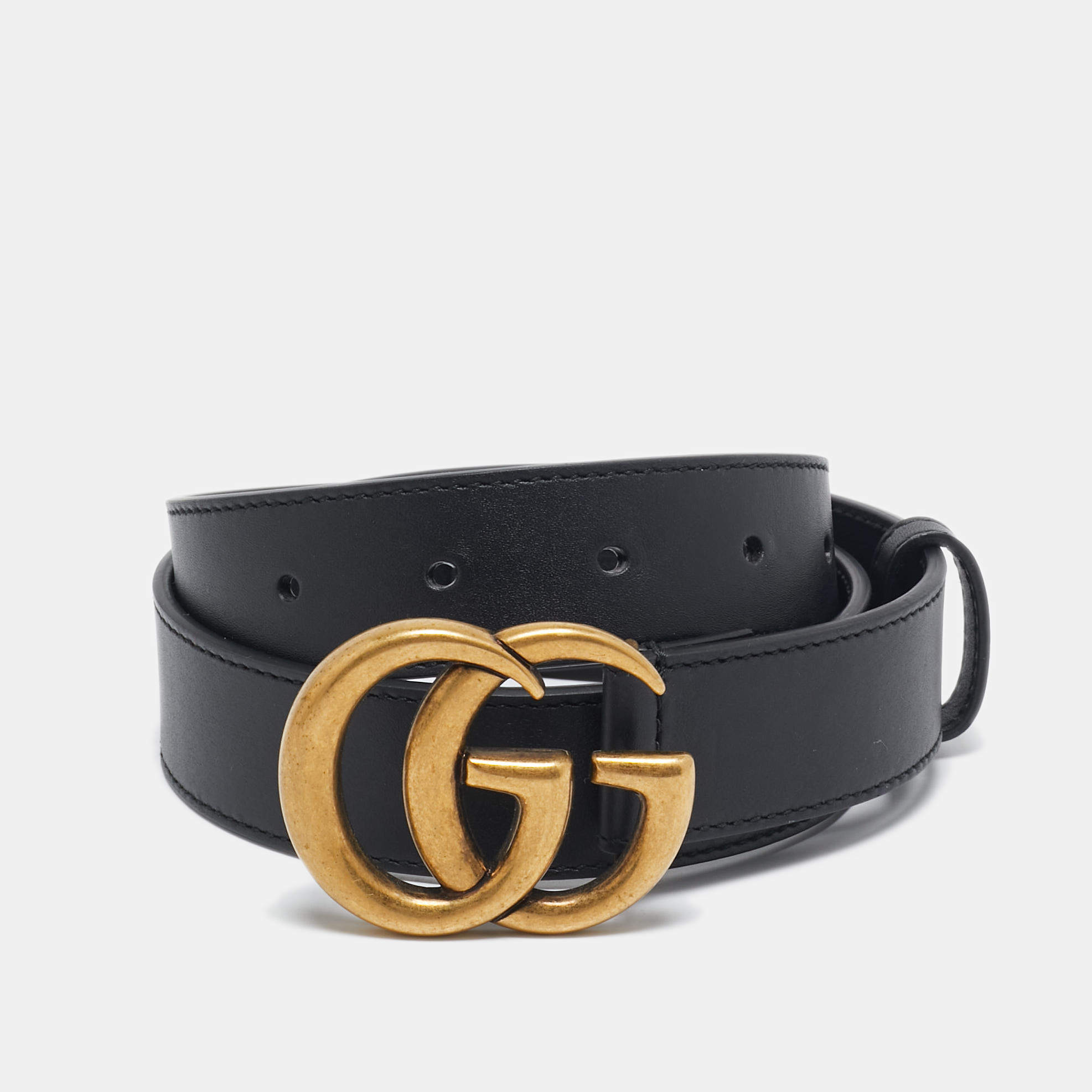 Pre Owned Gucci Black Leather GG Marmont Buckle Slim Belt 75 CM