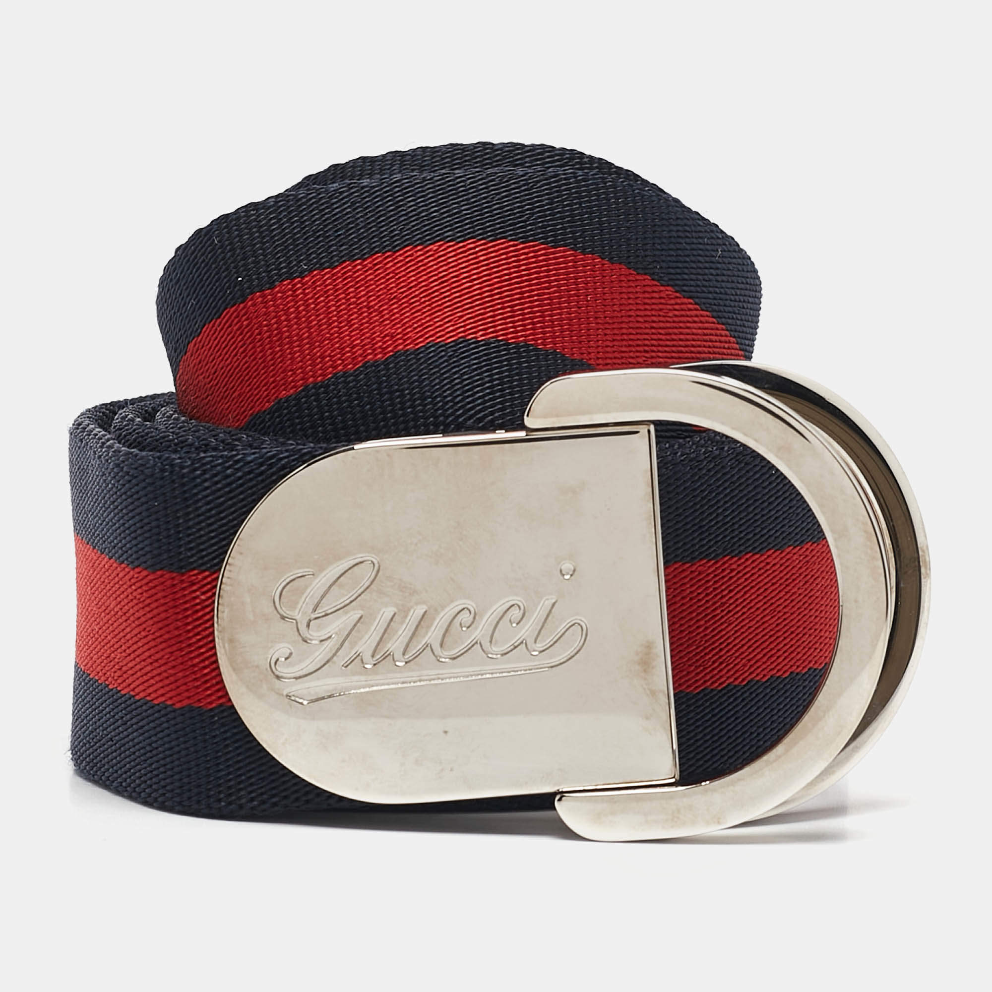 Gucci Navy Blue/Red Web Canvas D Ring Buckle Belt 90CM