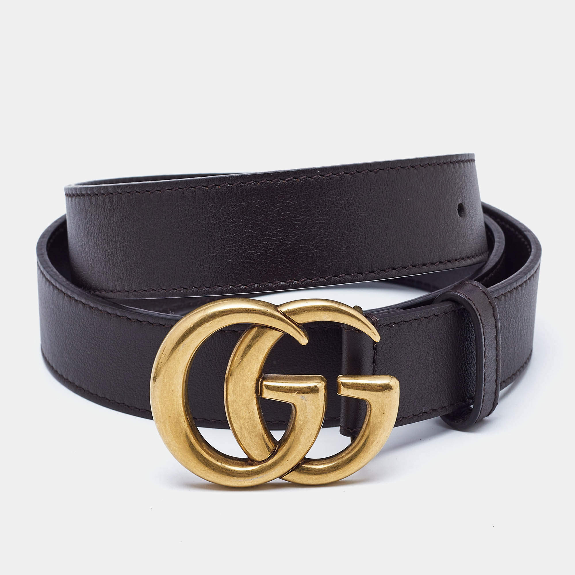 Pre Owned Gucci Dark Brown Leather GG Marmont Buckle Belt 90CM