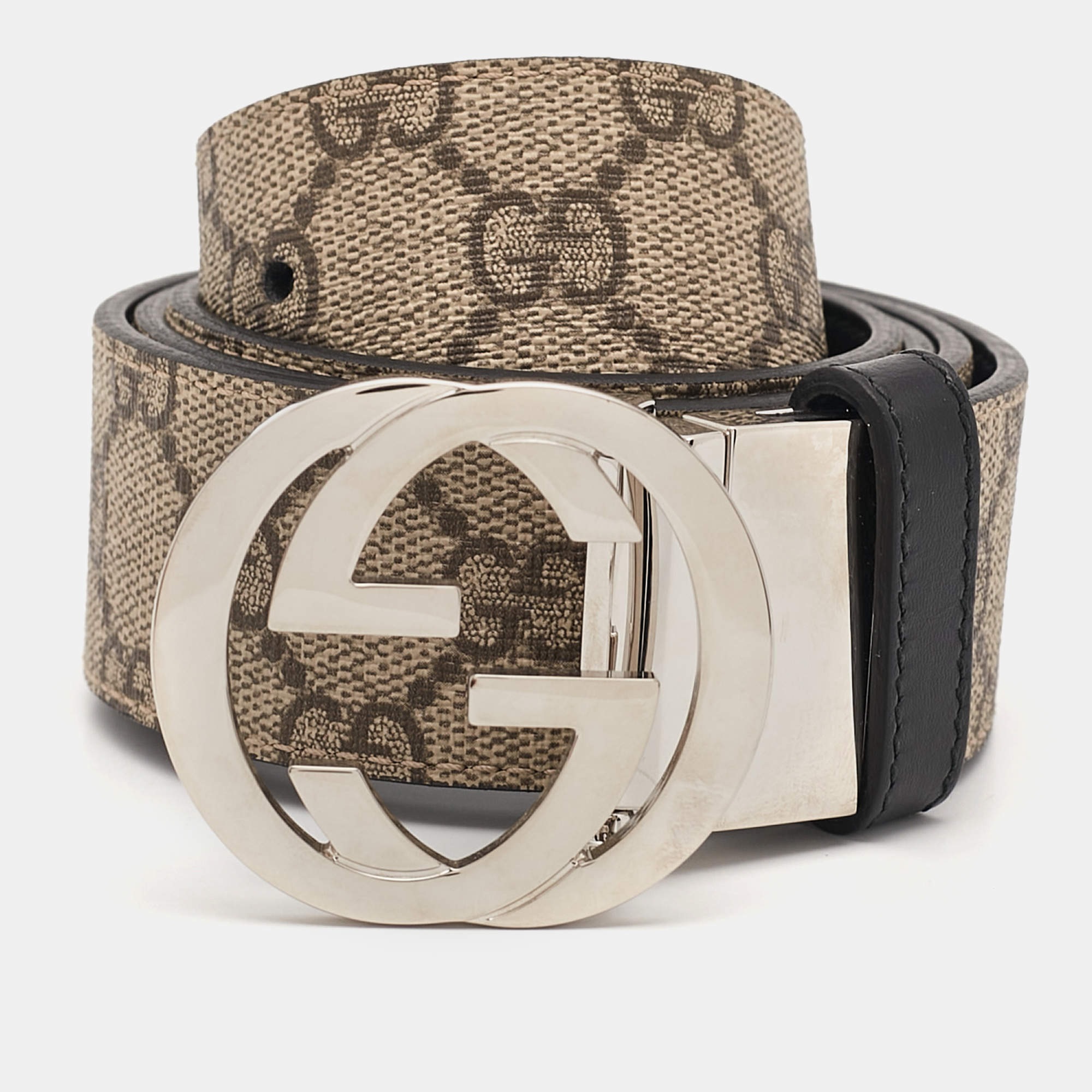 Pre Owned Gucci Beige GG Supreme Canvas Interlocking G Reversible Belt 95CM