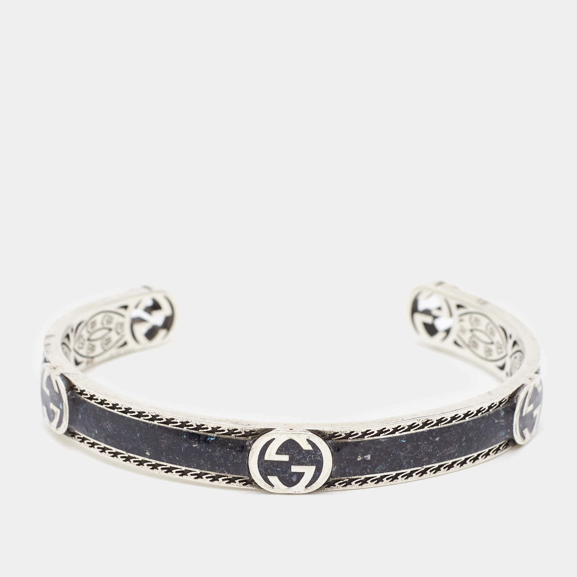 Gucci Interlocking GG Enamel Sterling Silver Cuff Bracelet 17