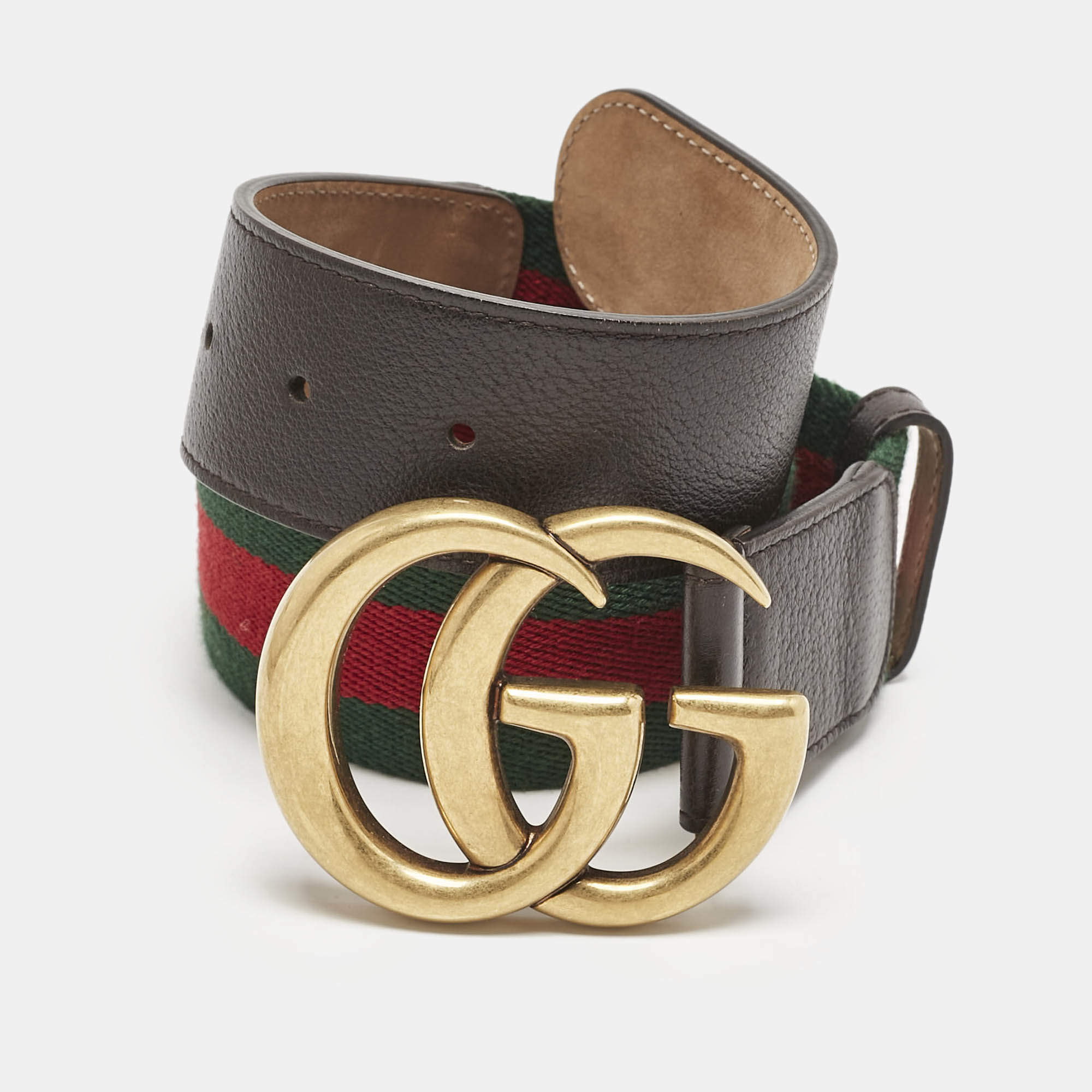 Gucci Brown Leather and Web Canvas GG Marmont Buckle Belt 85 CM