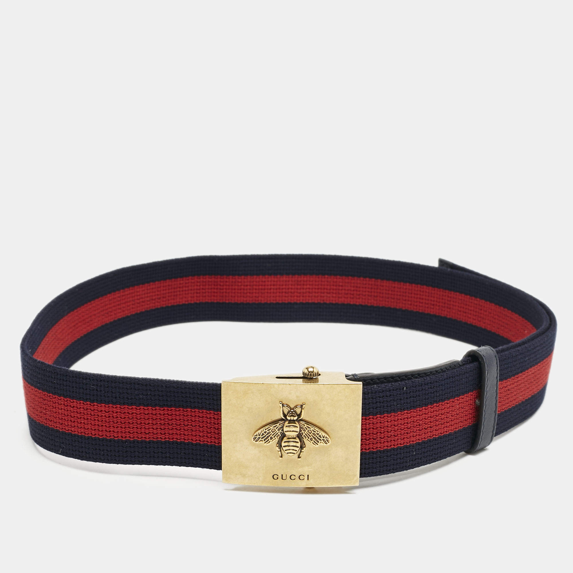 Pre Owned Gucci Red/Blue Web Canvas and Leather Bee Plague Buckle Belt 90CM