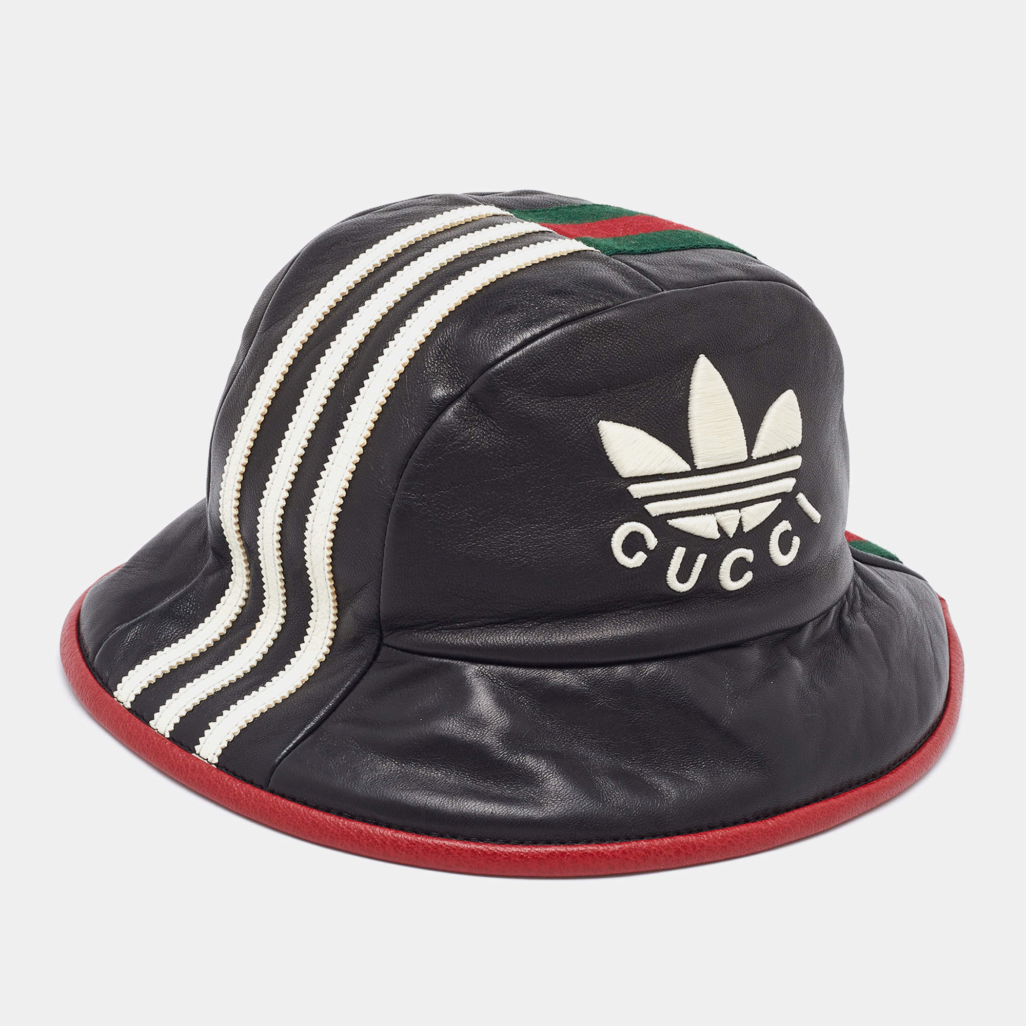 Pre Owned Gucci x Adidas Black Web Trim Leather Bucket Hat S/56 cm