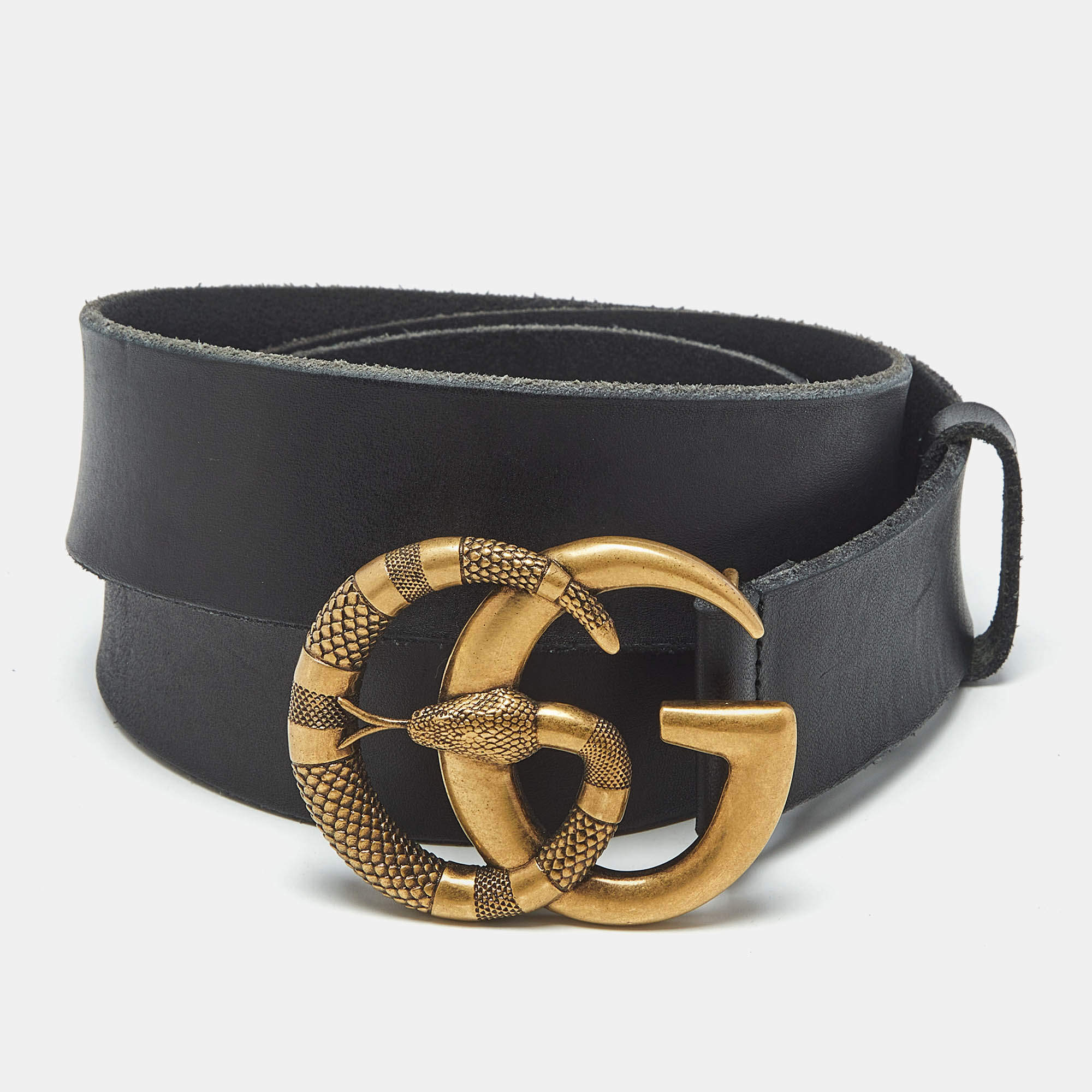 Pre Owned Gucci Black Leather Snake Double G Buckle Belt 100 CM