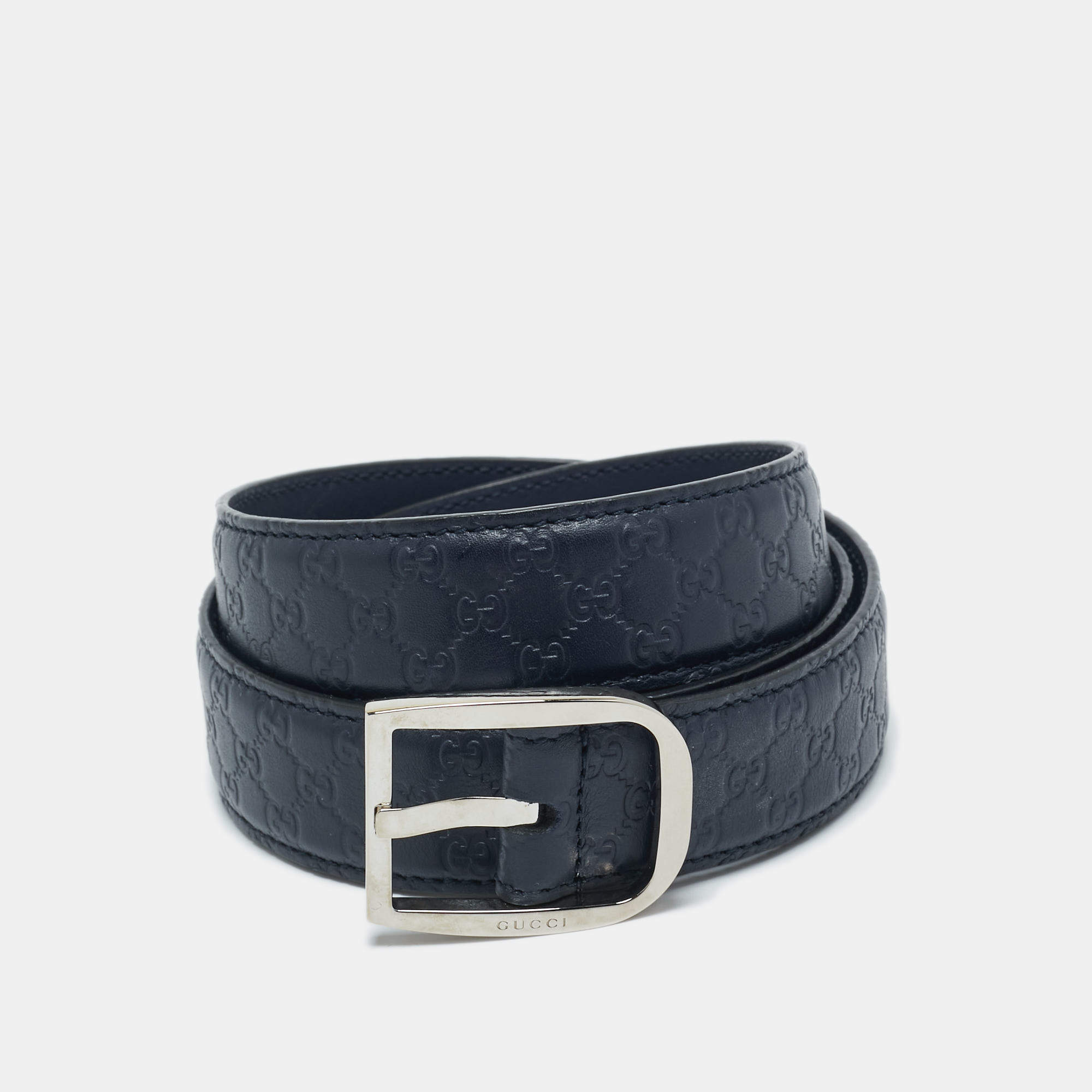 Pre Owned Gucci Navy Blue Microguccissima Leather Buckle Belt 85 CM