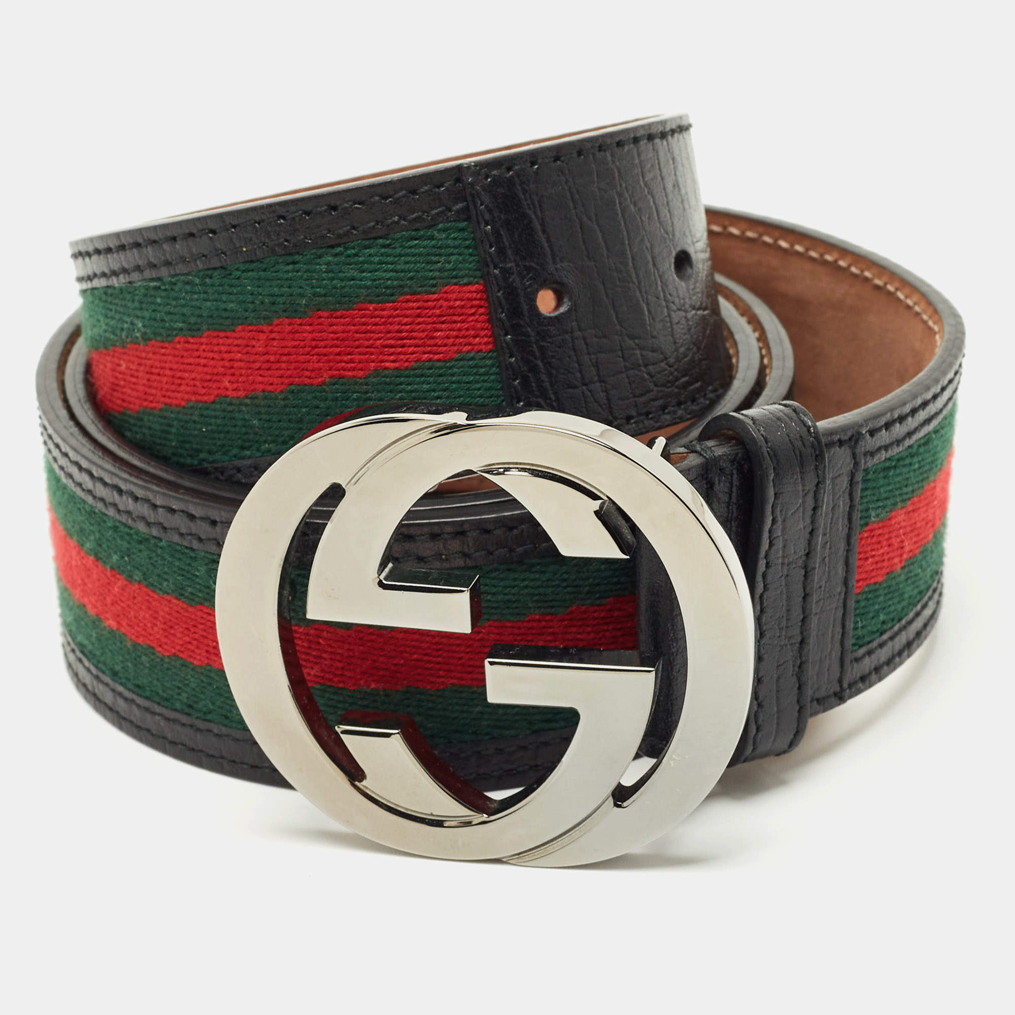 Pre Owned Gucci Black Leather and Web Canvas Interlocking G Buckle Belt 105 CM