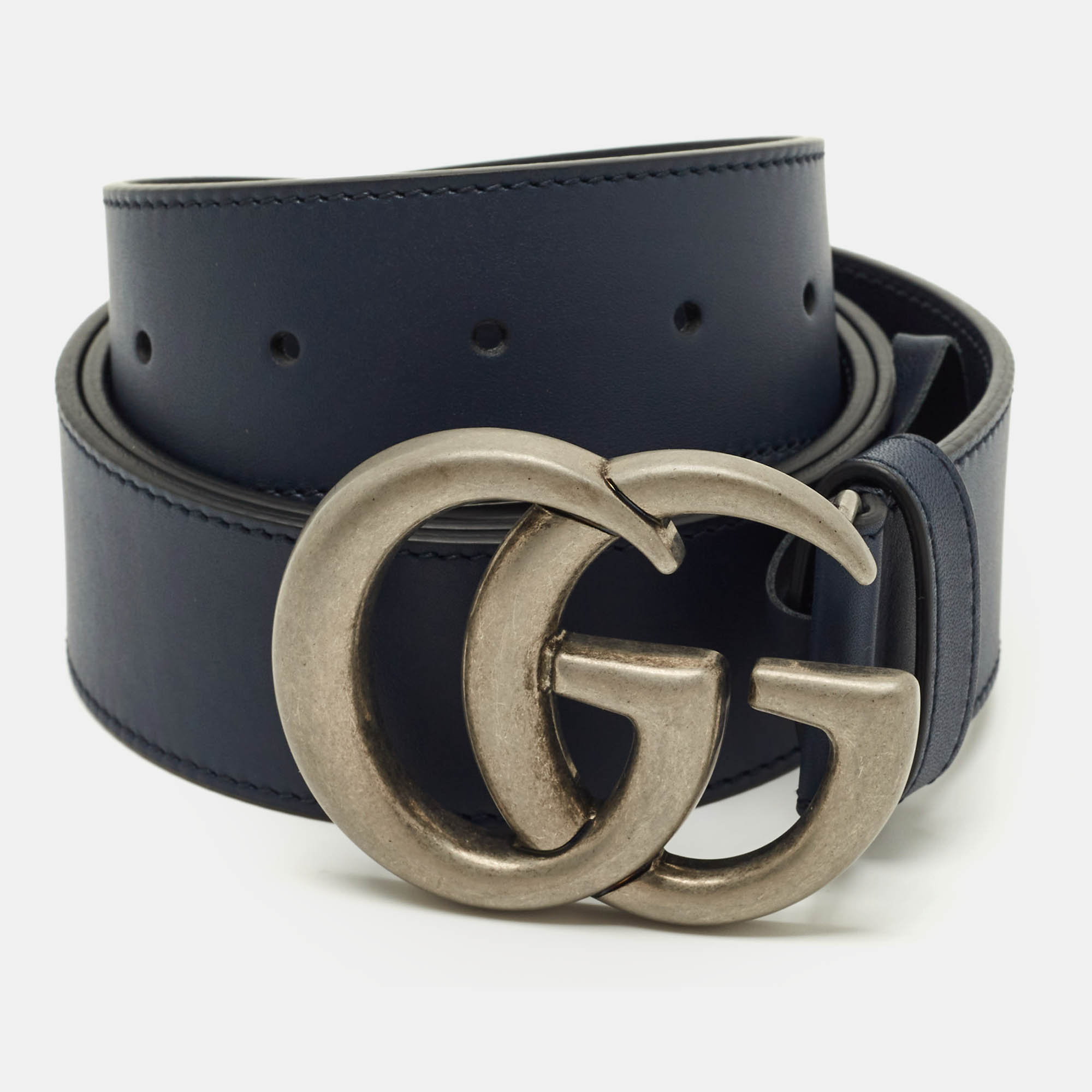 Pre Owned Gucci Blue Leather GG Marmont Buckle Belt 100 CM
