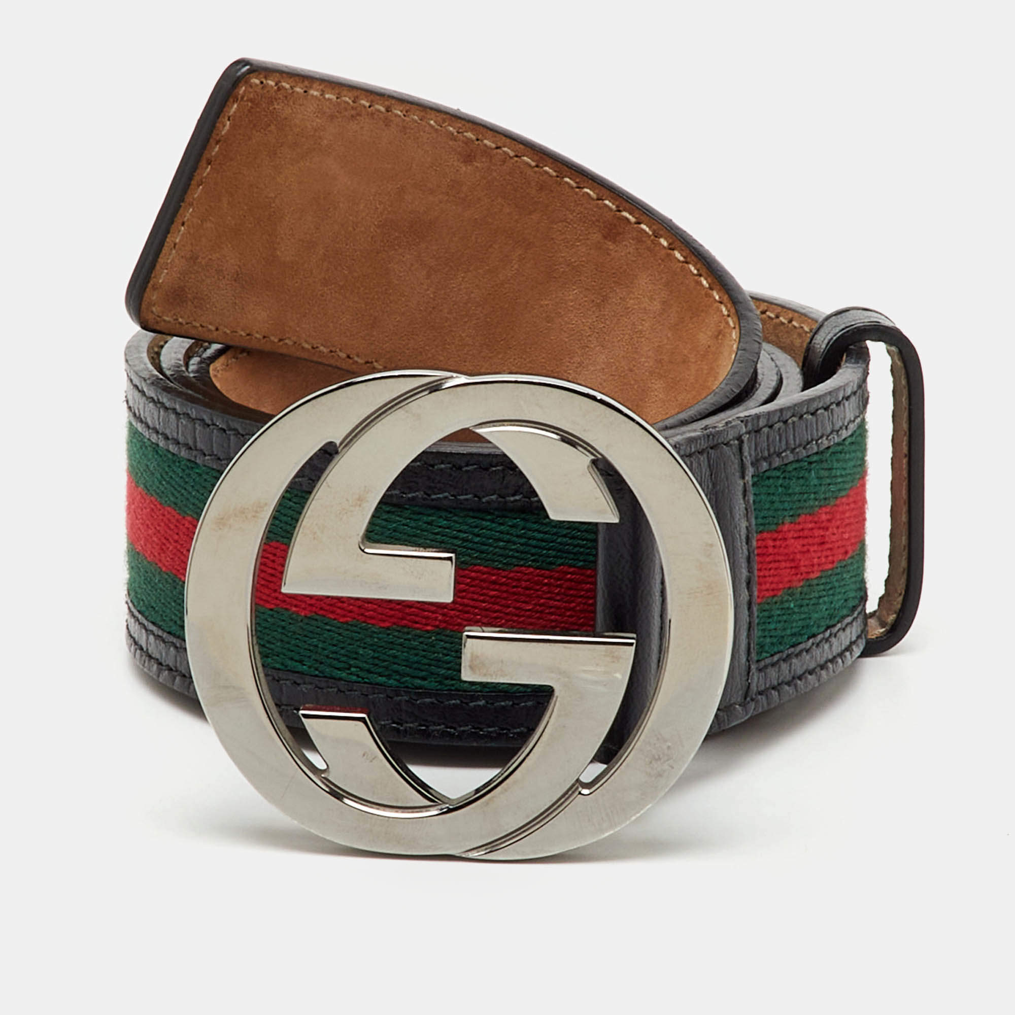 Pre Owned Gucci Black Leather and Web Canvas Interlocking G Buckle Belt 85CM
