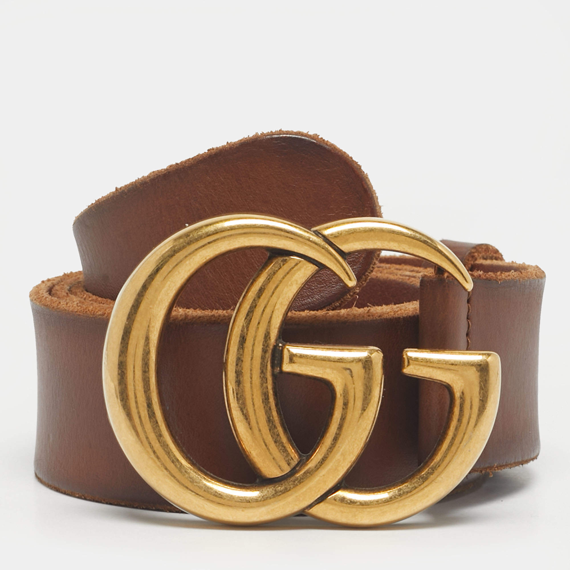 Pre Owned Gucci Brown Leather GG Marmont Buckle Belt 90CM