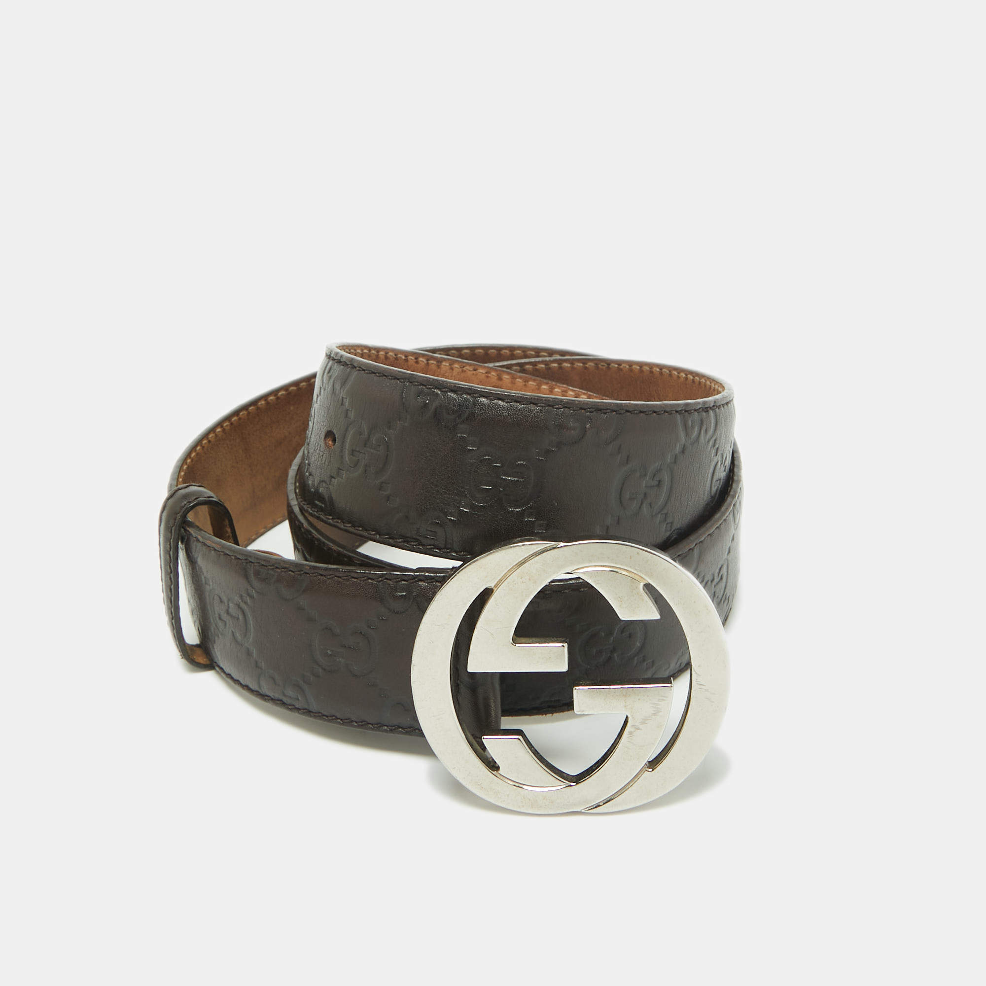 مملوكة مسبقًا حزام غوتشي إبزيم حرف جي متشابك جلد غوتشيسيما أسود 90 سم