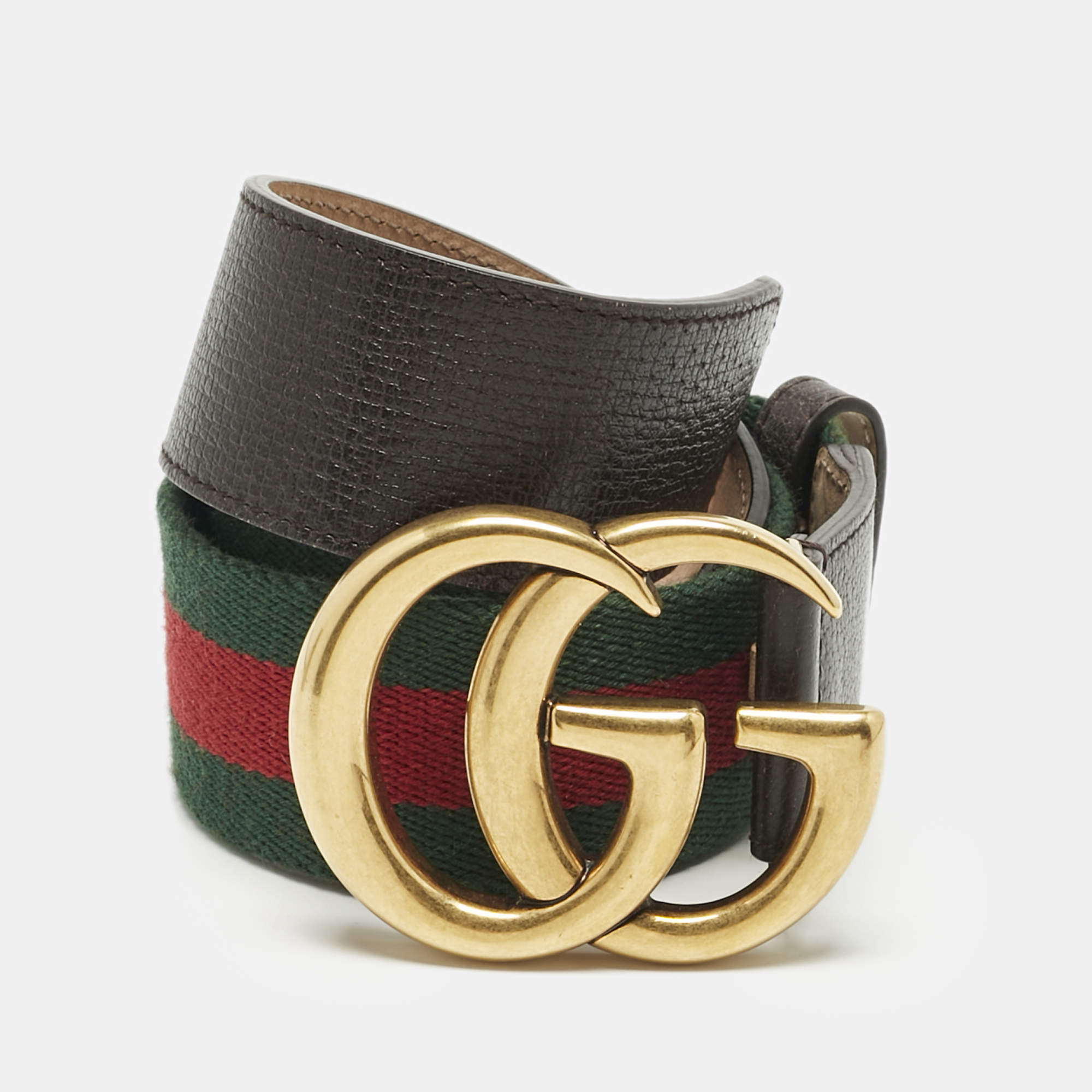 Pre Owned Gucci Red/Green Web Canvas and Leather GG Marmont Buckle Belt 70CM