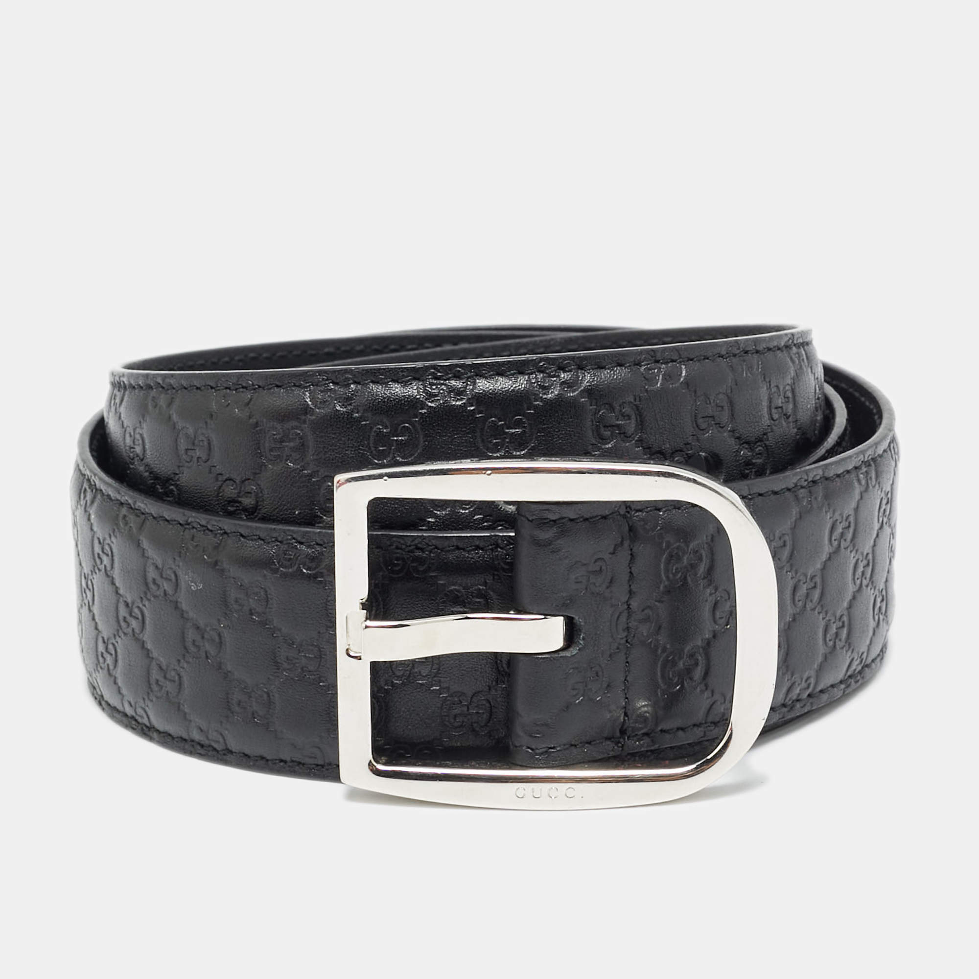Pre Owned Gucci 85 CM Buckle Belt Black Microguccissima Leather