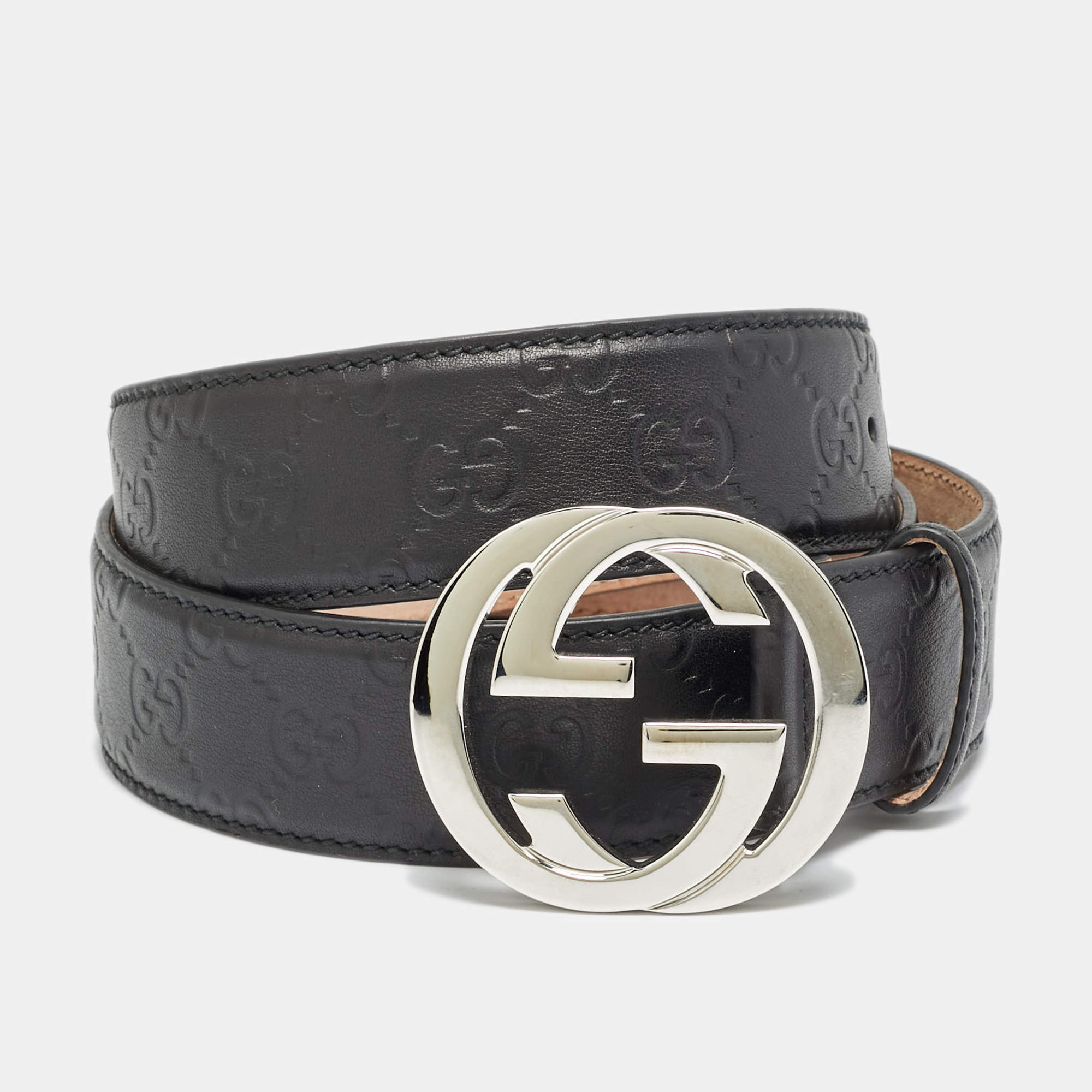 Pre Owned Gucci Interlocking G 100CM Belt Black Guccissima Leather