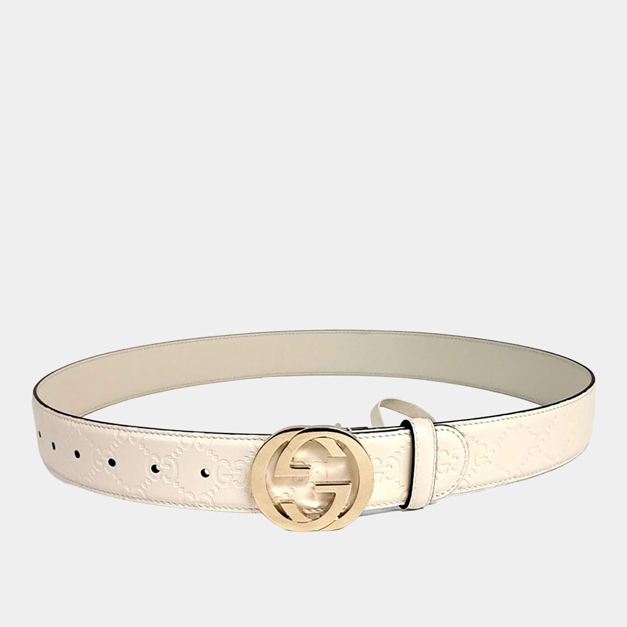 Pre Owned Gucci Leather White G Logo Belt