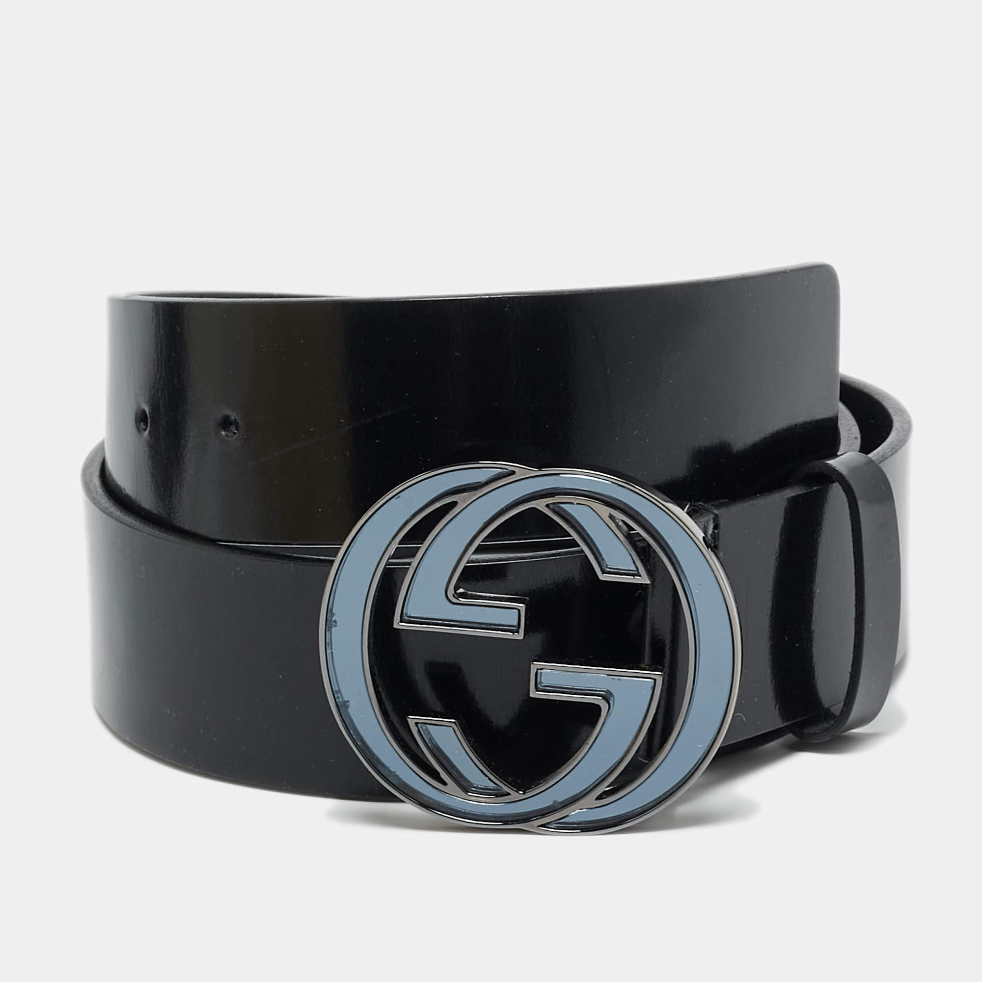 Pre Owned Gucci GG Marmont 80CM Belt Black Glossy Leather