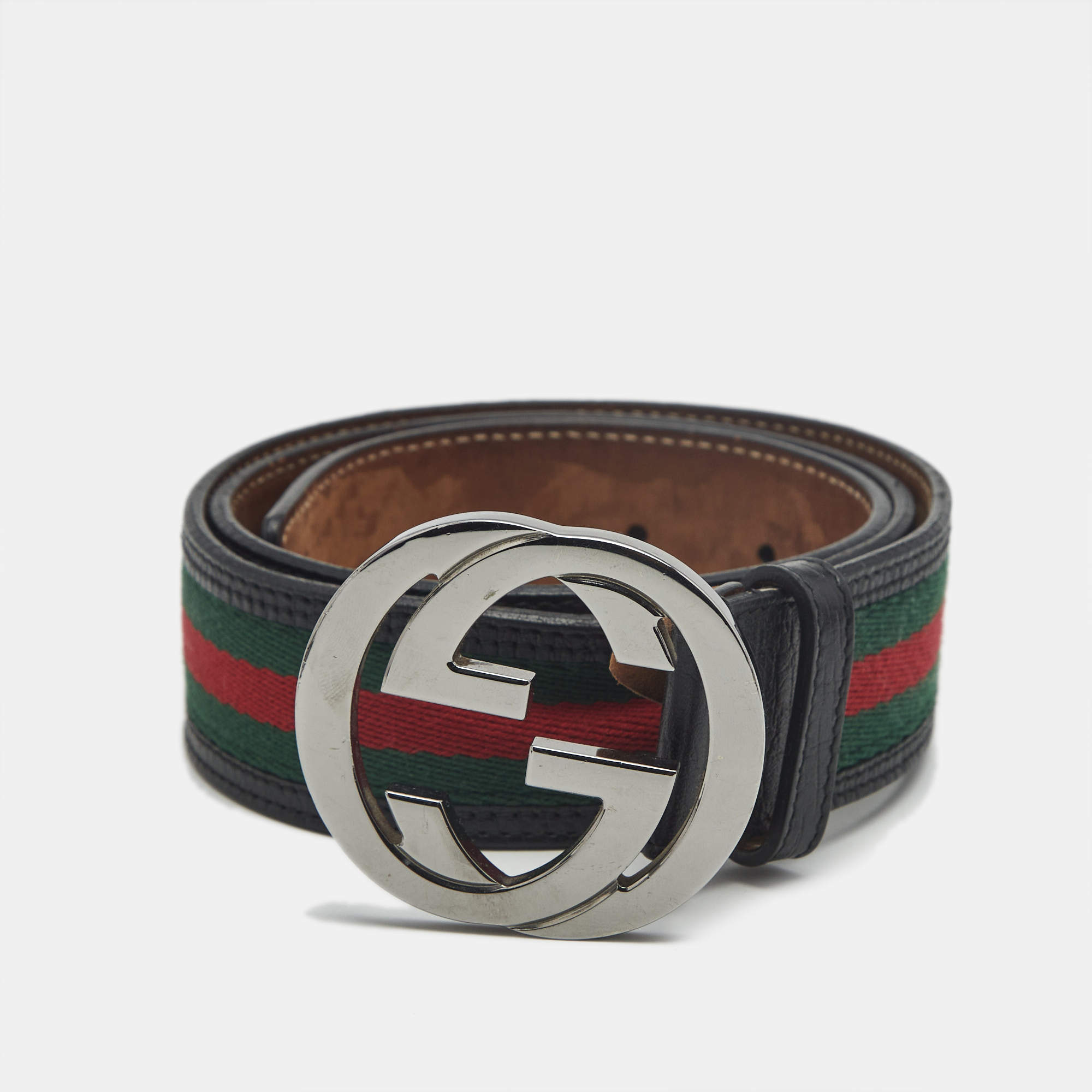 مملوكة مسبقًا Gucci Interlocking G 85 CM Buckle Belt Black Leather and Web Canvas