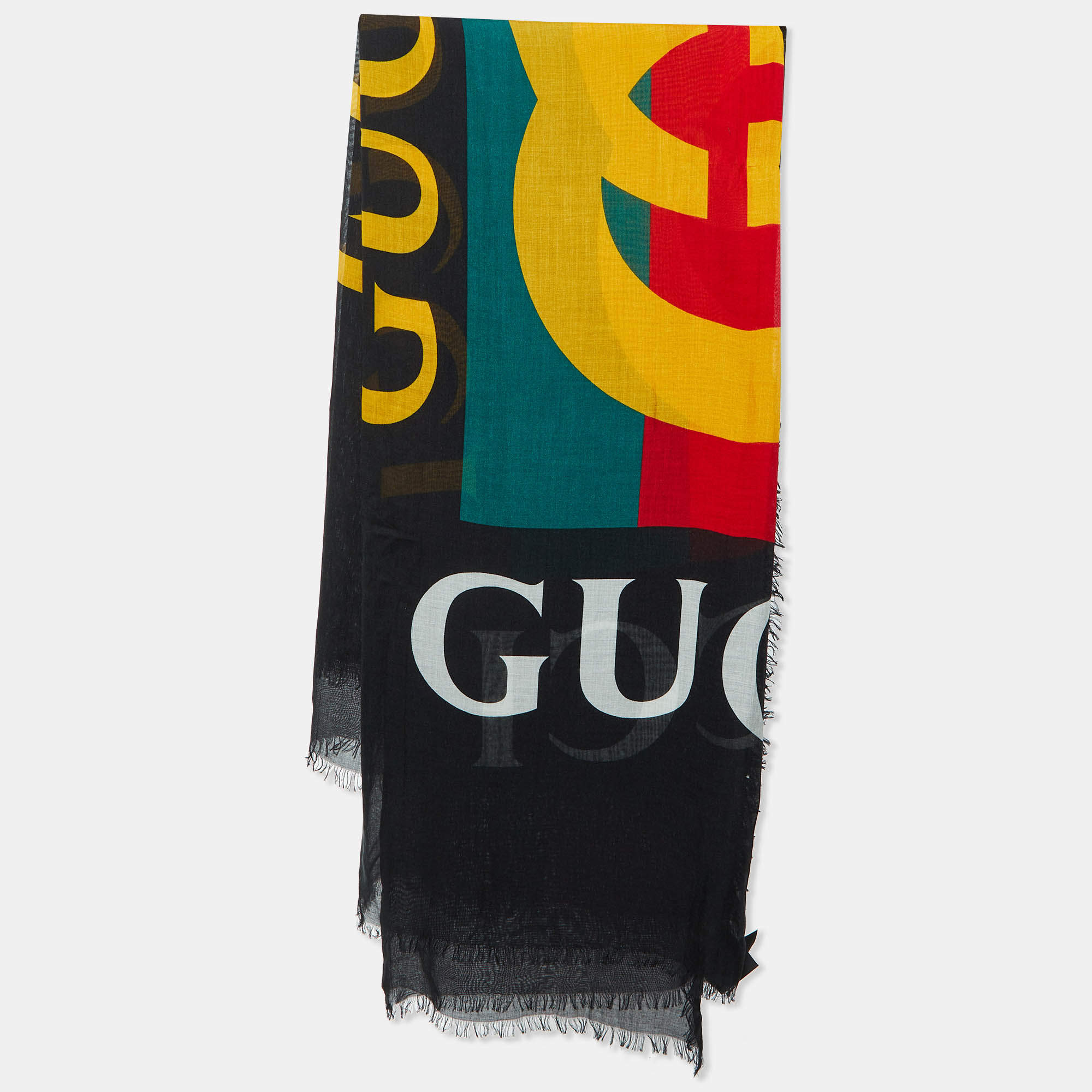 Pre Owned Gucci Black Logo Print Silk Scarf