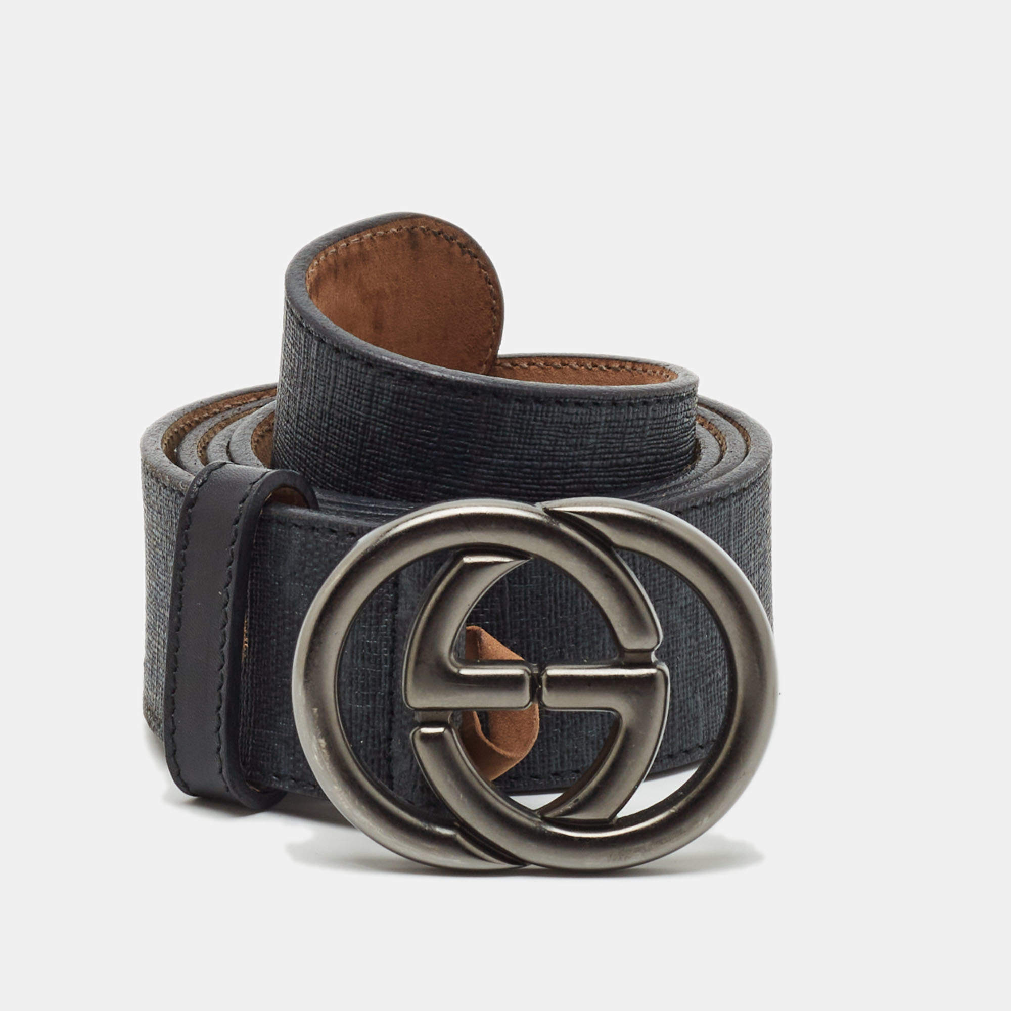Pre Owned Gucci Interlocking G 90 CM Buckle Belt Black GG Supreme Canvas
