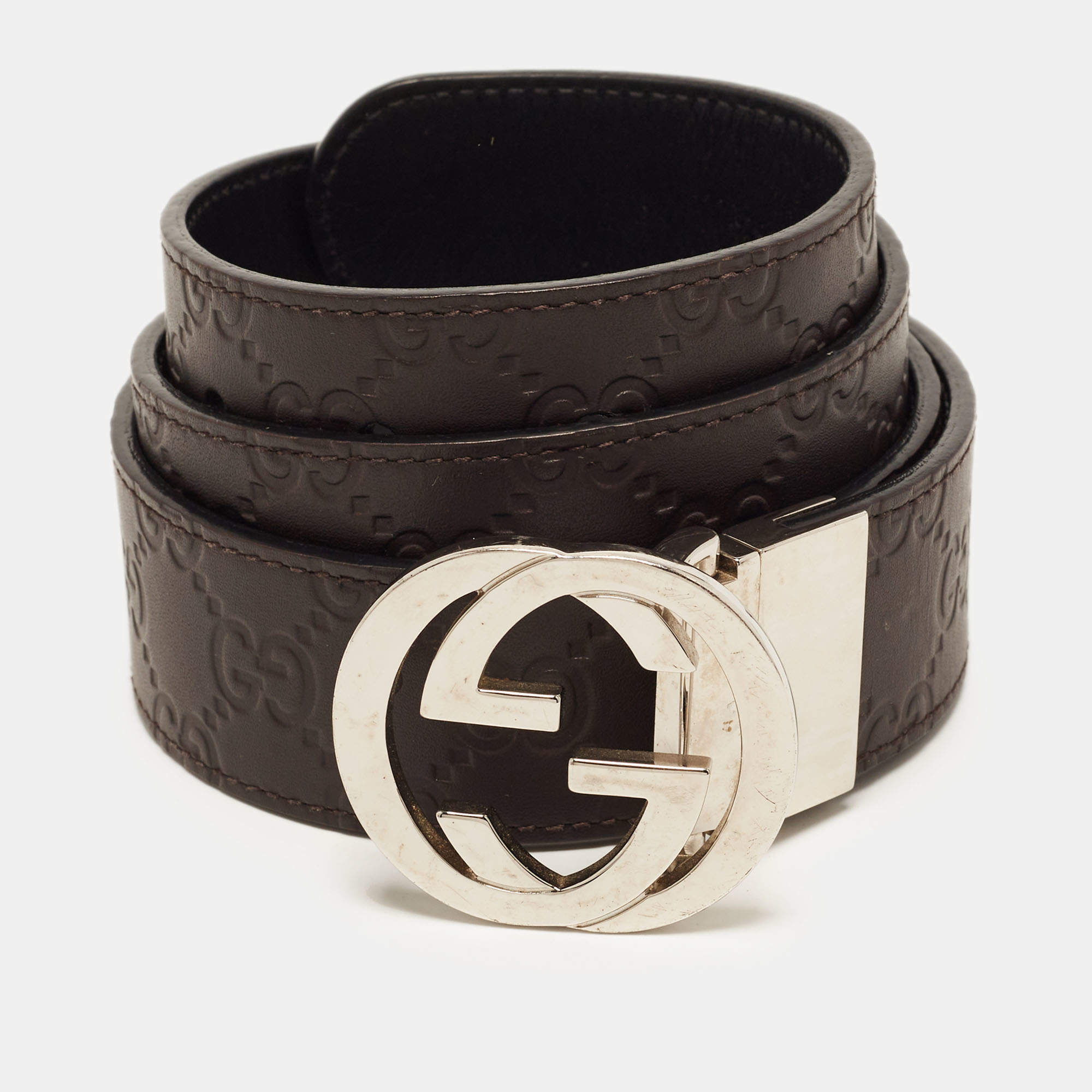 Pre Owned Gucci Interlocking G 95CM Reversible Belt Black/Brown Guccissima Leather