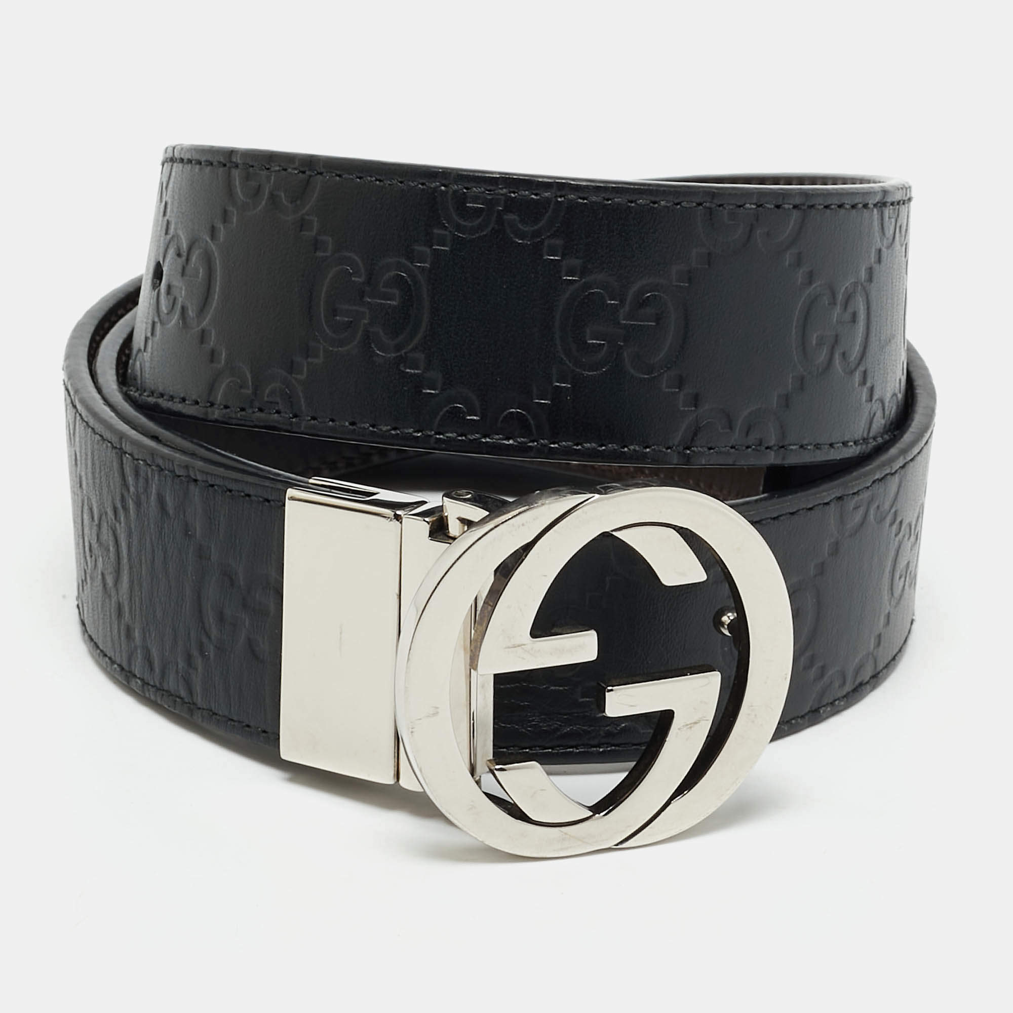 Pre Owned Gucci Interlocking G 85 CM Reversible Buckle Belt Black/Brown Guccissima Leather