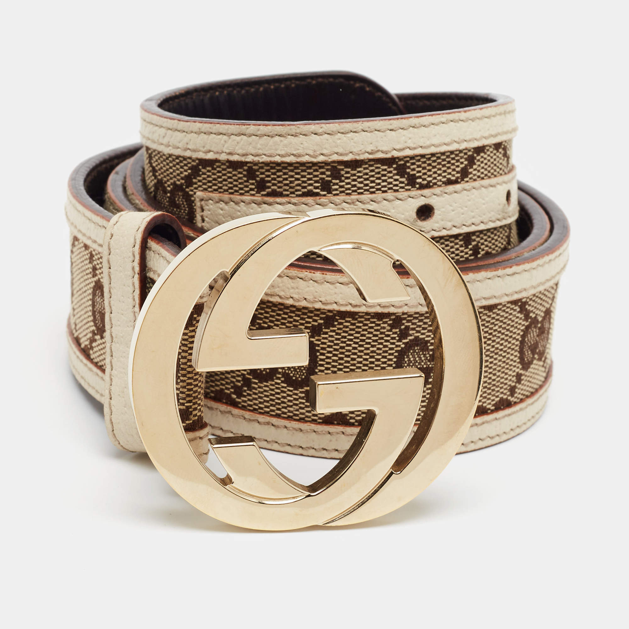 Pre Owned Gucci Interlocking G 85 CM Buckle Belt Beige/White GG Canvas and Leather
