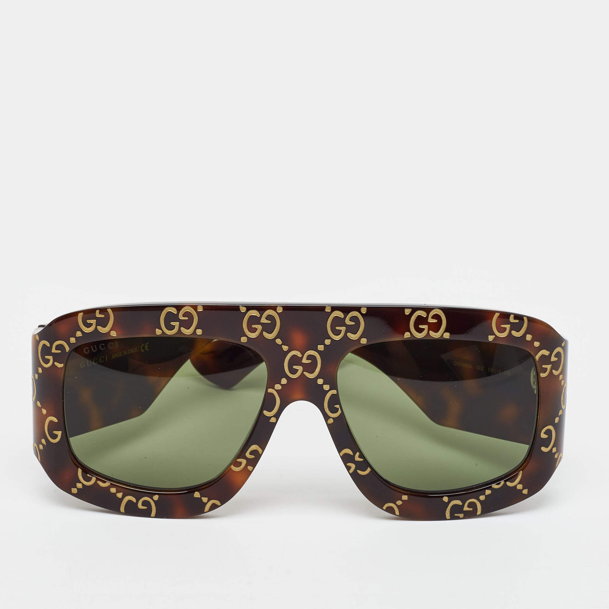 مملوكة مسبقًا Gucci Tortoiseshell Brown GG0983S Monogram Shield Sunglasses