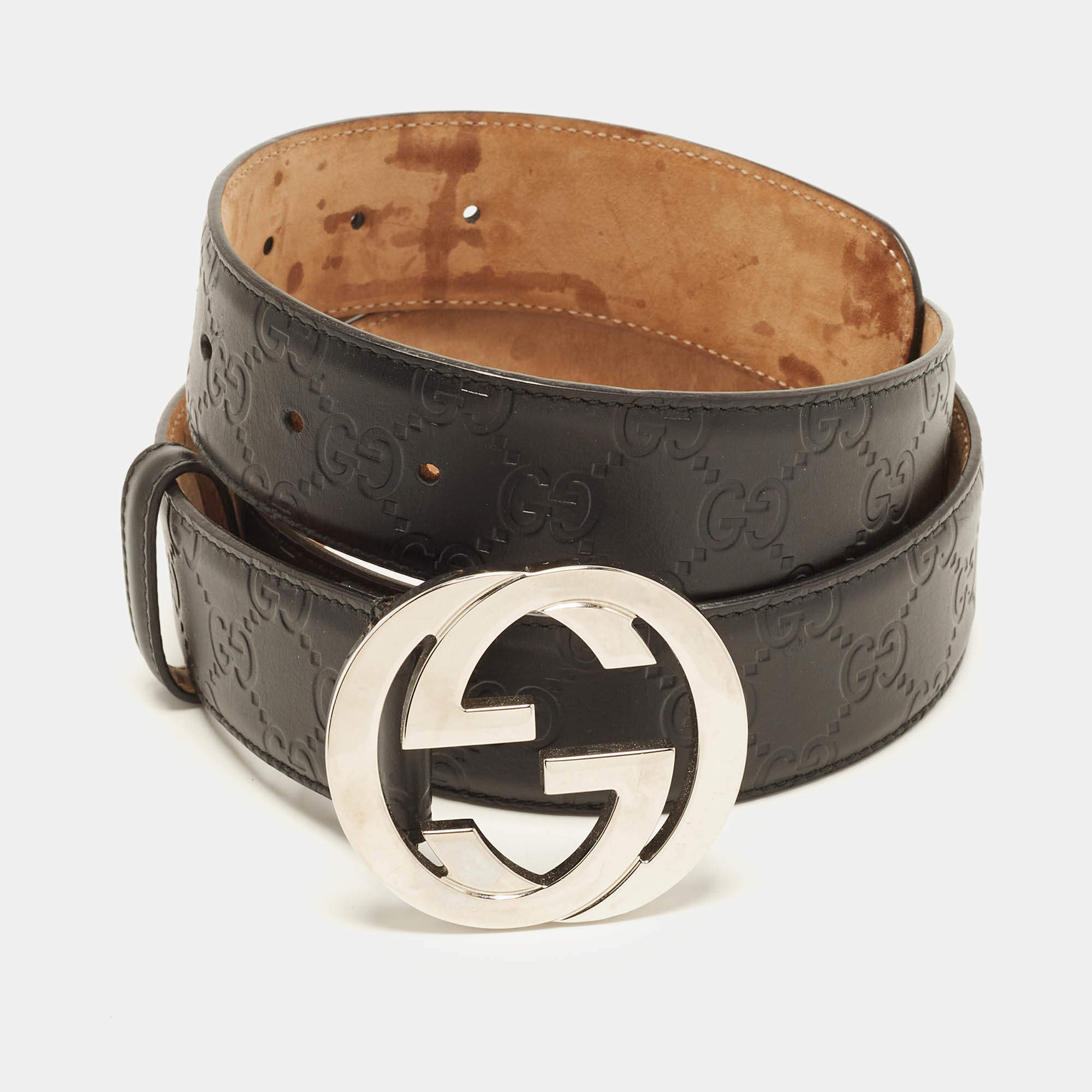 Pre Owned Gucci Interlocking G 100CM Belt Black Guccissima Leather