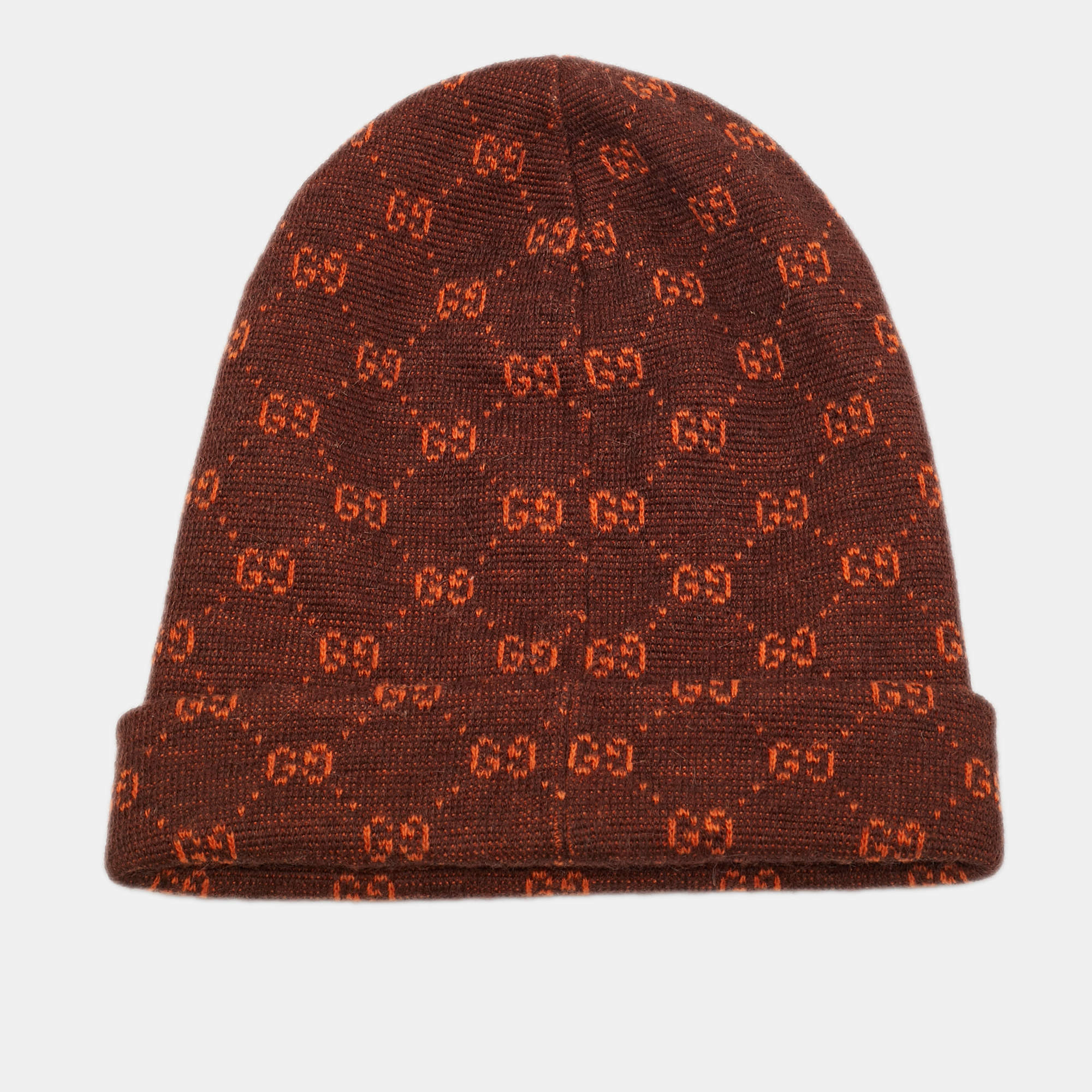مملوكة مسبقًا Gucci Rust/Brown GG Jacquard Knit Alpaca Wool Beanie M