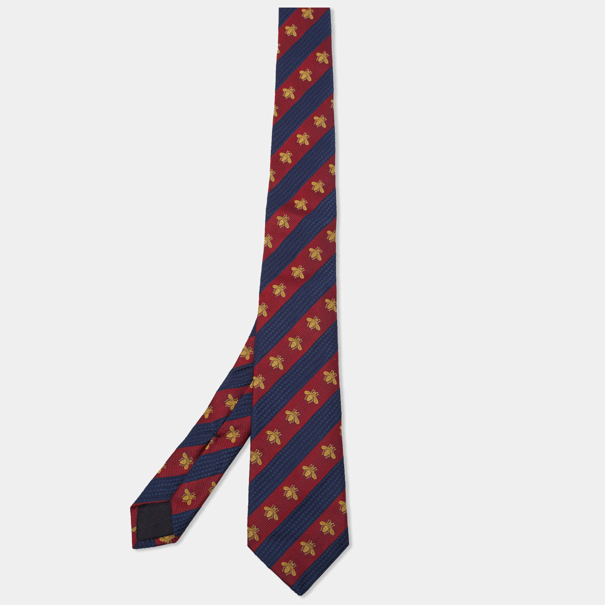Pre Owned Gucci Red/Blue Striped Bee and Web Silk Jacquard Classic Tie 